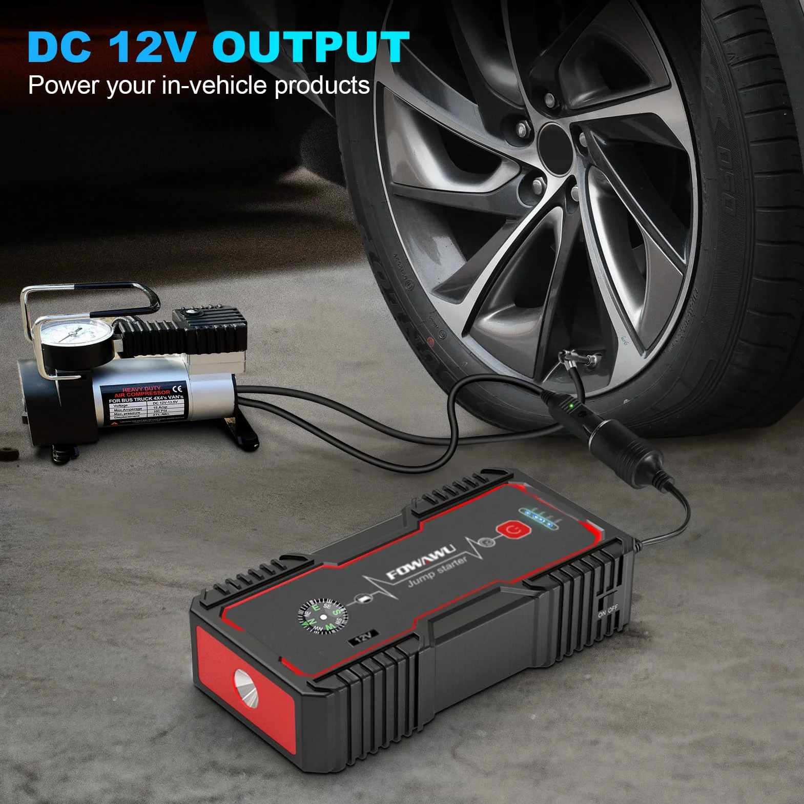 FOWAWU 5000A Peak 25800 mAh wodoodporny rozrusznik samochodowy (do 10 l gazu, 8 l silnik wysokoprężny) z wyświetlaczem LED mocy, USB 3.0 Quick Charge, przenośnym zasilaczem 12 V…