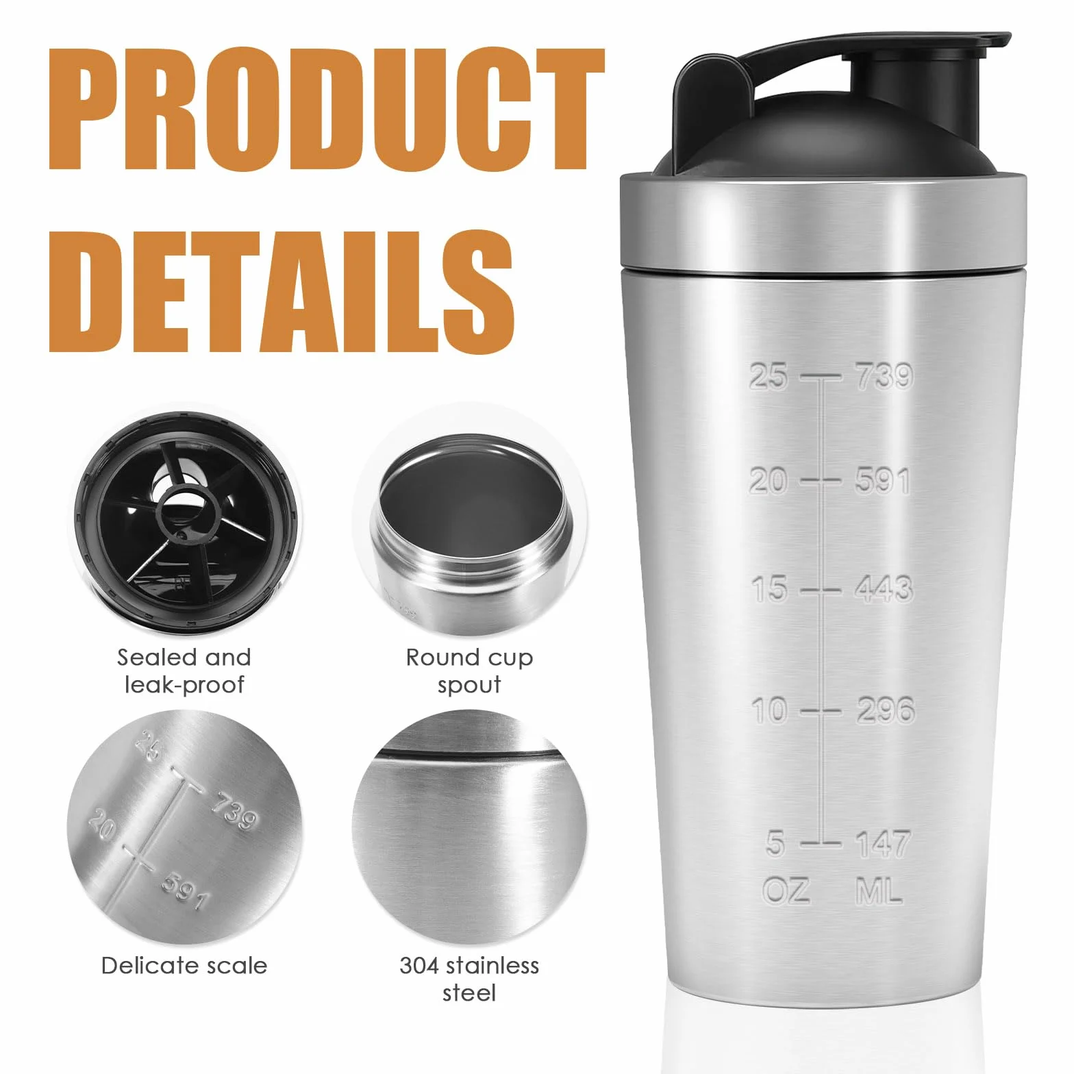 Shaker Proteinowy, 750 ml, Butelka na Białko ze Stali Nierdzewnej, Shaker z Kulką, Kubek do Shake'a, Stalowa Butelka do Napojów Proteinowych i Sportowych
