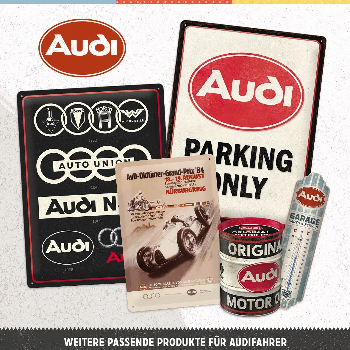 Nostalgic-Art Retro tabliczka z blachy, 20 x 30 cm, Audi – Logo Red Shine – Pomysł na prezent dla miłośników Audi, Official License Product (OLP), z metalu, Styl vintage