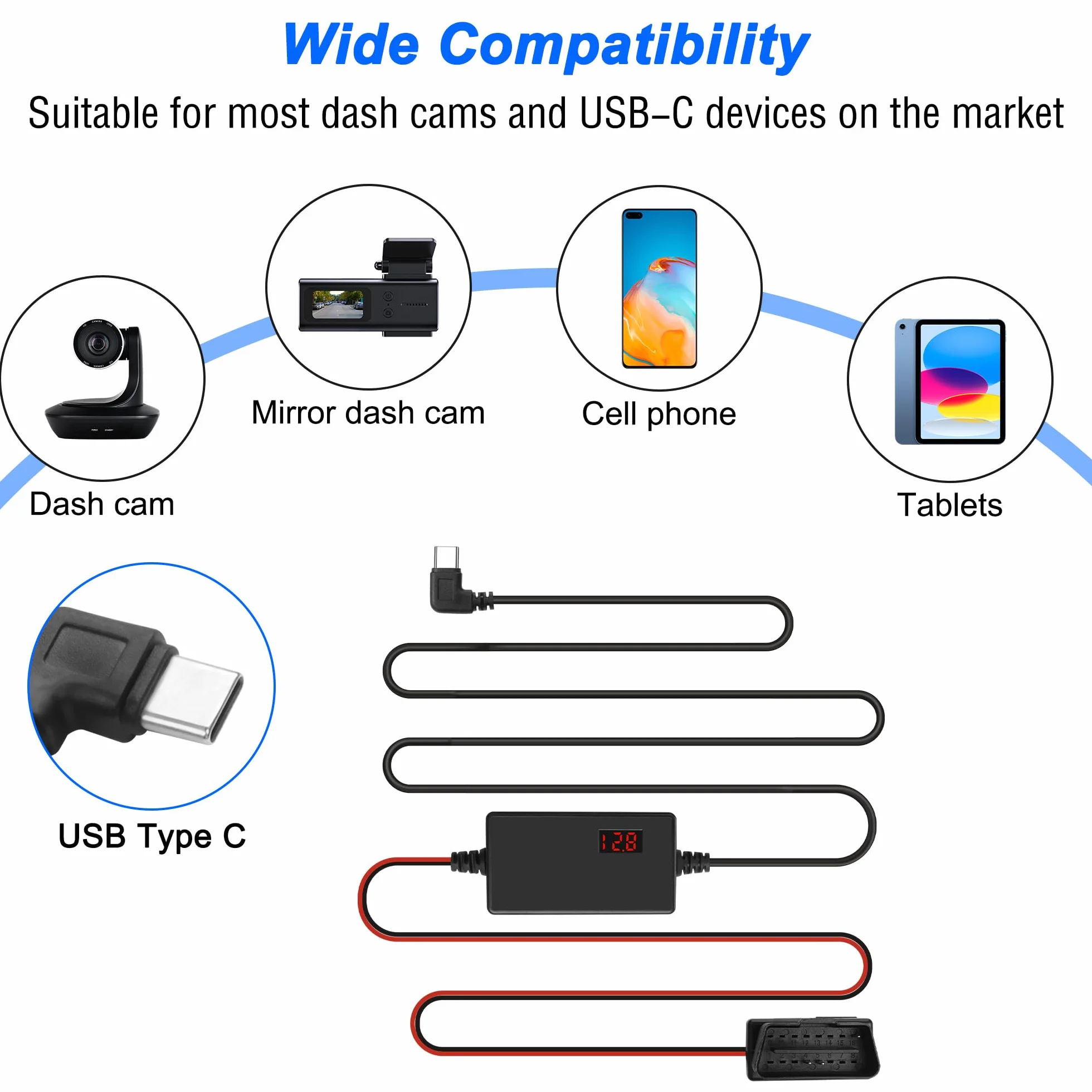 MEIRIYFA Kabel zasilający OBD OBD2 do kamery samochodowej, kabel do ładowania OBD2 na USB C, 24-godzinny nadzór, typ C, 16-pinowy, OBDII, zestaw Hardwire, kabel do ładowarki do kamery samochodowej GPS