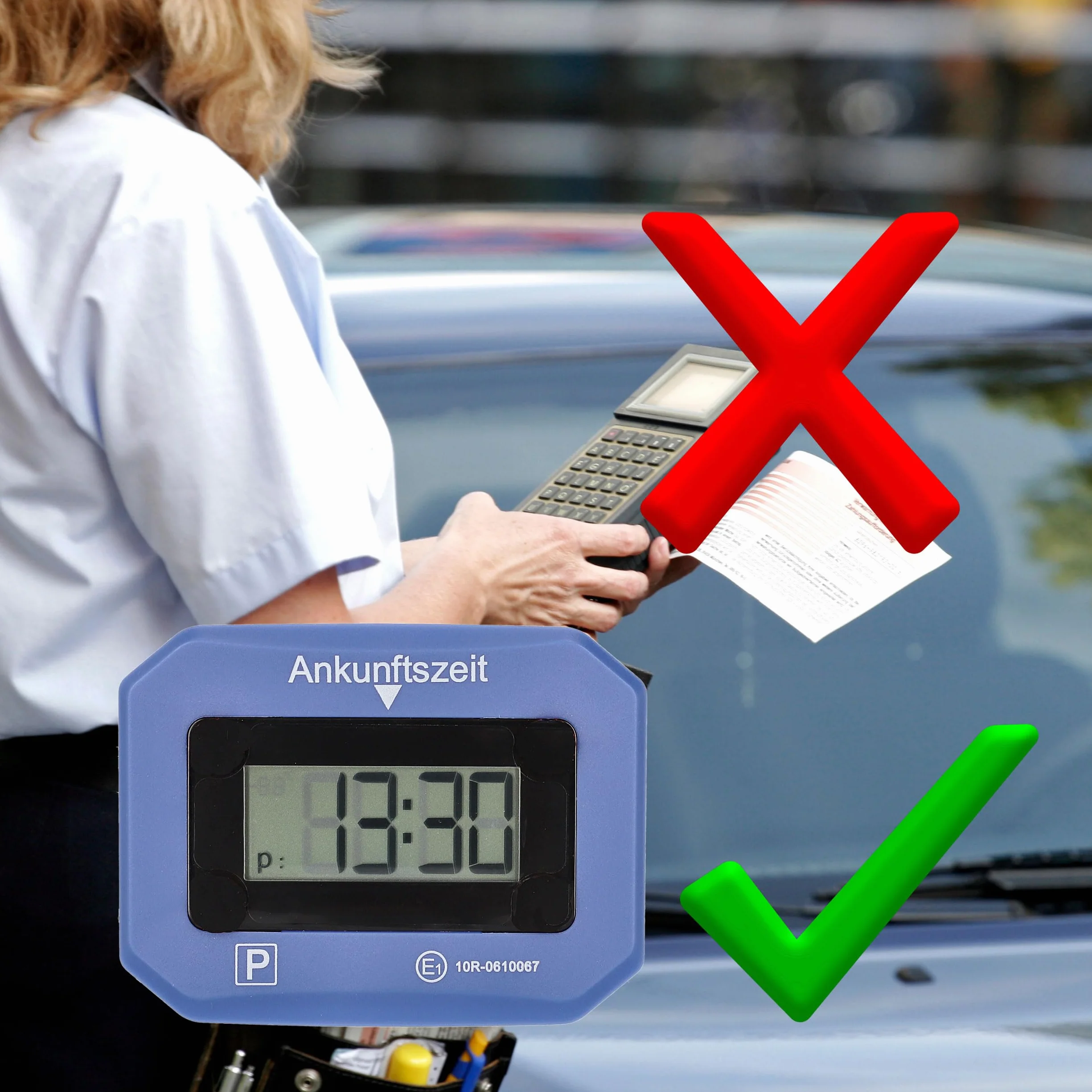cartrend Cyfrowy zegar parkingowy do samochodu, elektroniczna tarcza parkingowa z dopuszczeniem KBA (kod typu pojazdu), automatyczny czas przybycia, z wyświetlaczem, niezawodny, łącznie z baterią i