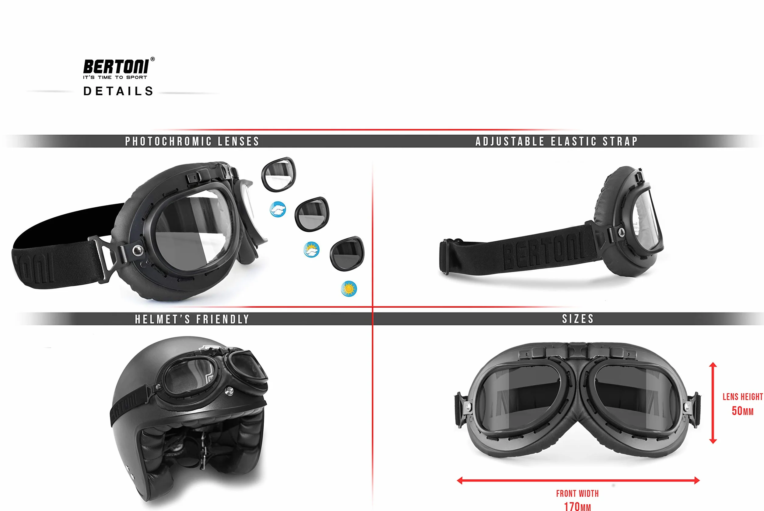 BERTONI Gogle motocyklowe Vintage Aviator Style - Mat Black - AF195 Gogle motocyklowe