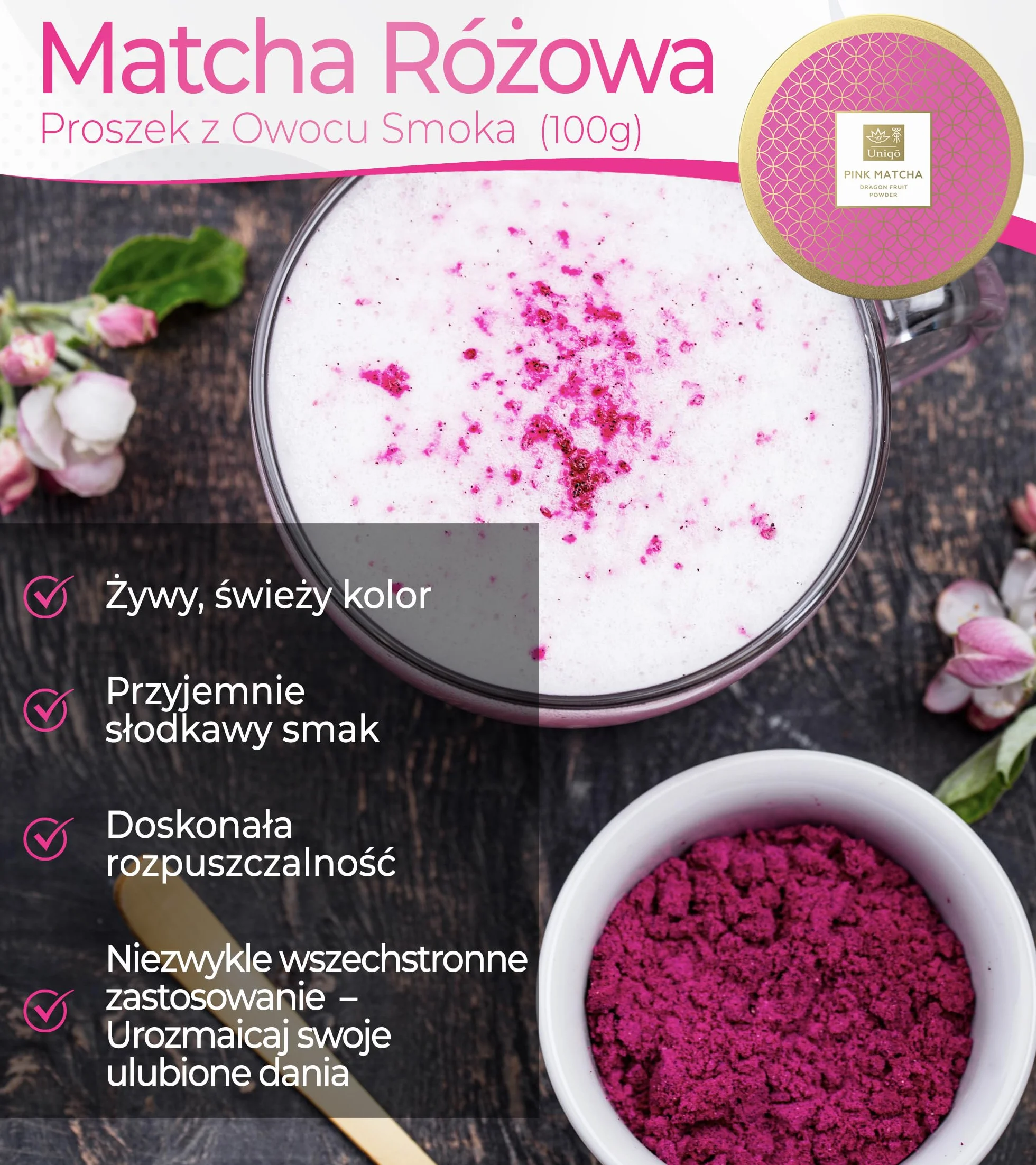 Tea Uniqo Pink Matcha – matcha w proszku ze smoczego owocu (pitai), opakowanie 200 g