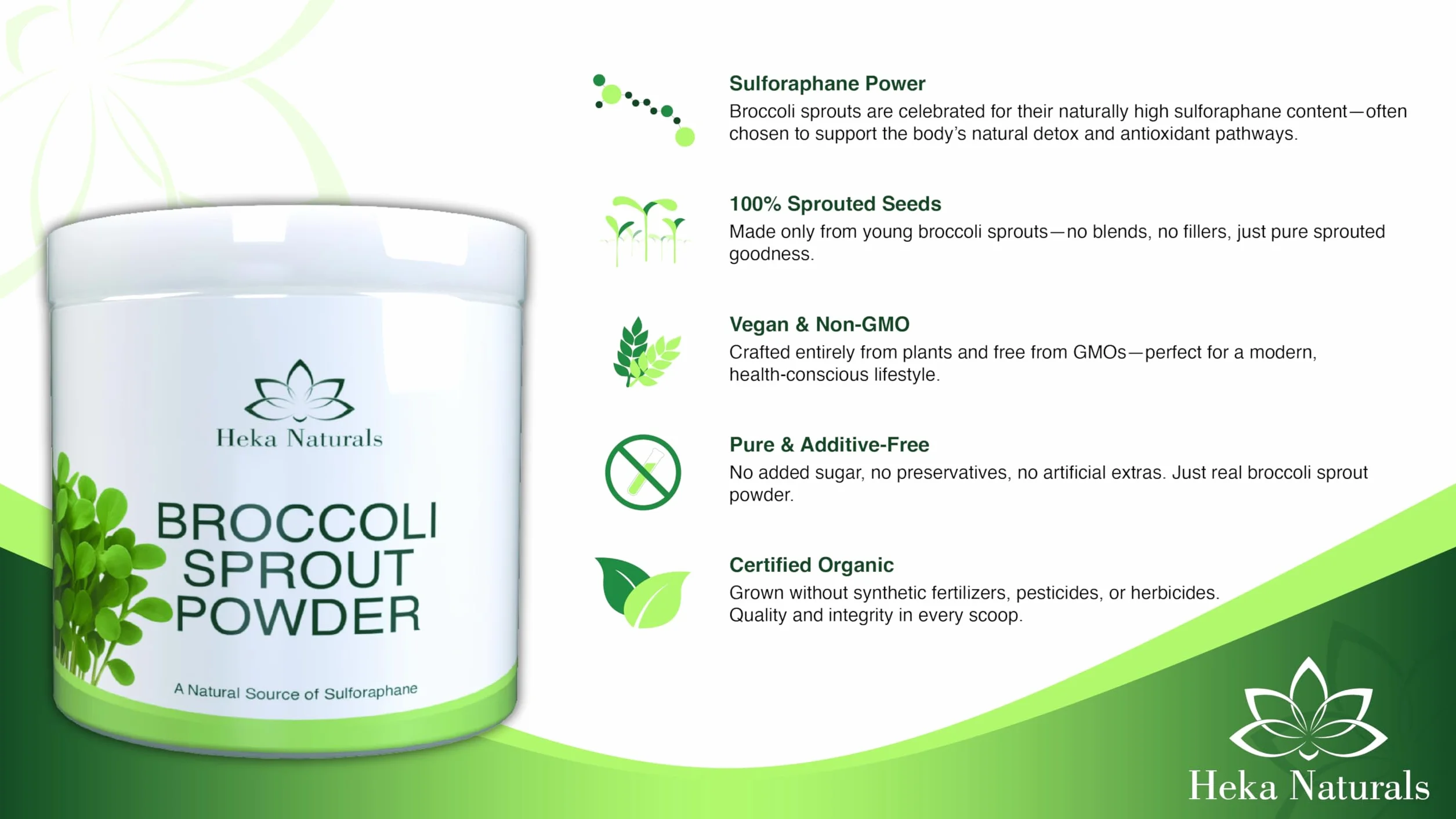 Heka Naturals Ekologiczny Proszek z Kiełków Brokuła - 100% Czysty Superfood z Kiełkowanych Nasion - Bogaty w Sulforafan, Wegański, Bez GMO i Dodatków - 400g