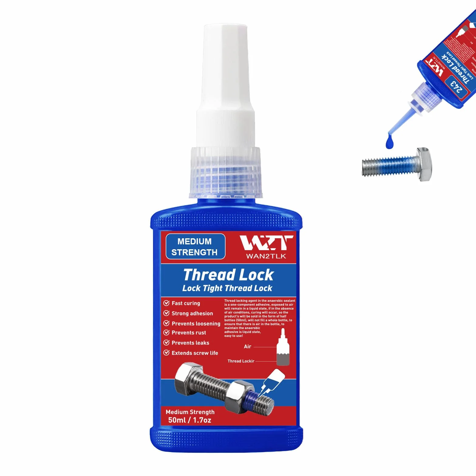 50 ml zabezpieczenie gwintu niebieskie, zabezpieczenie śrubowe, średnio-wytrzymałe, wypełnienie szczelinowe, nakrętki Lock & Seal, śruby, elementy mocujące i metale, stabilne i nierdzewne