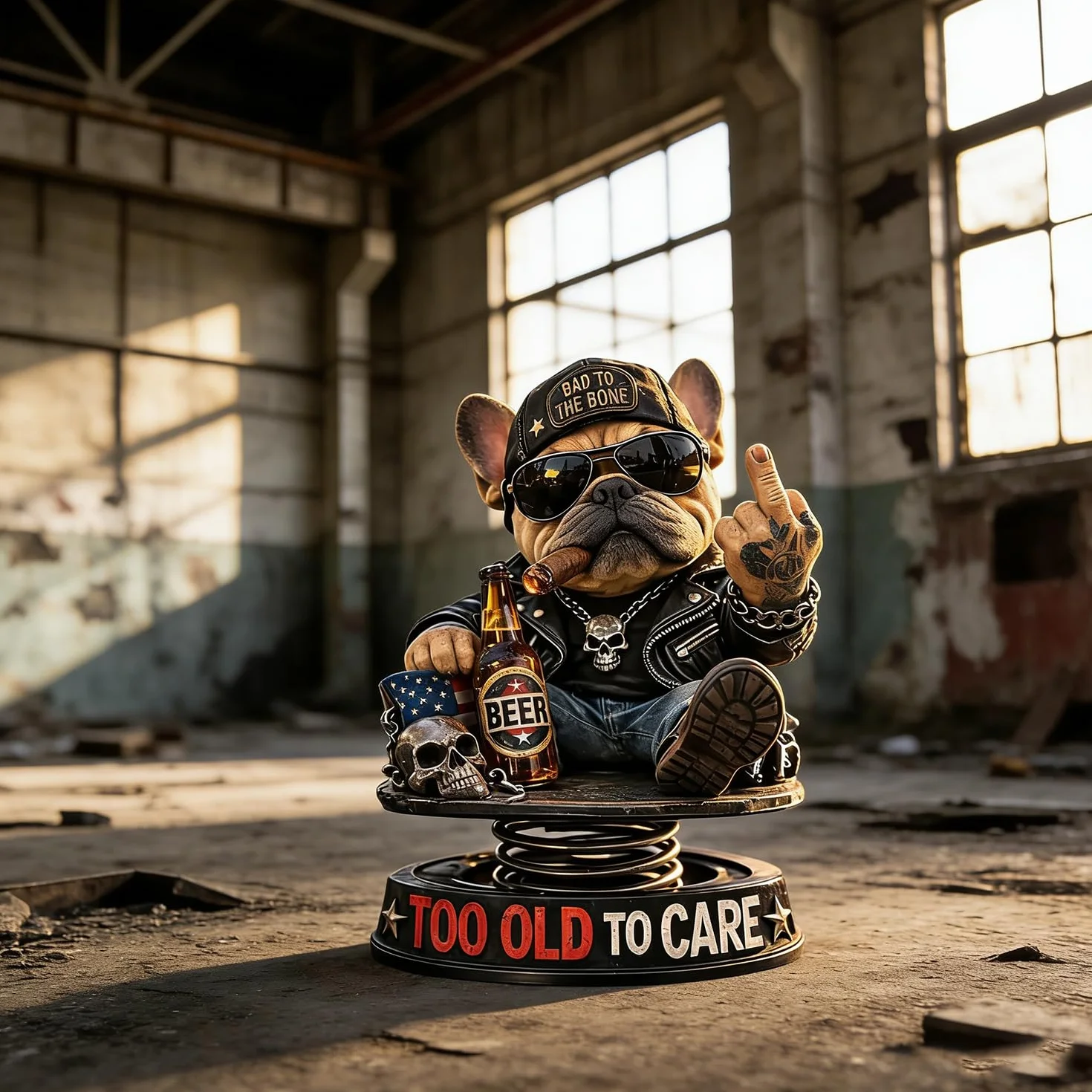 Too Old to Care Dashboard Bobblehead, dekoracja deski rozdzielczej buldog środkowy palec