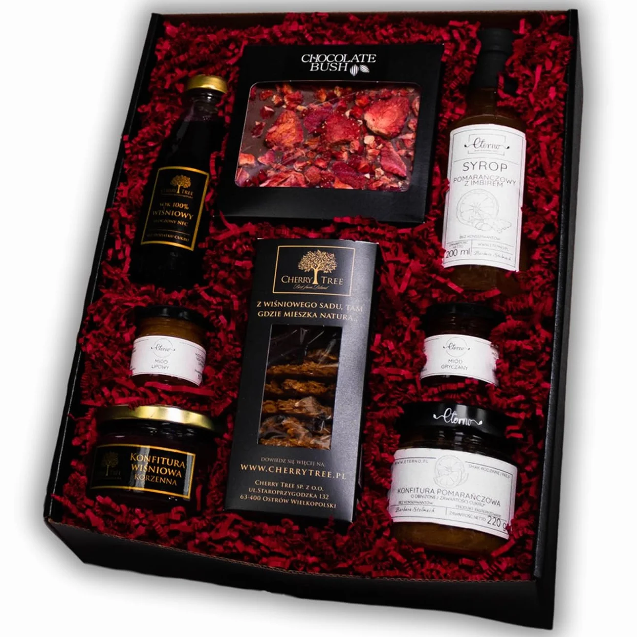 Ekskluzywny kosz prezentowy z rączką – zestaw delikatesowy ETERNO i CHERRY TREE z konfiturami, miodami, sokiem i słodyczami | elegancki upominek premium dla niej | idealny prezent biznesowy