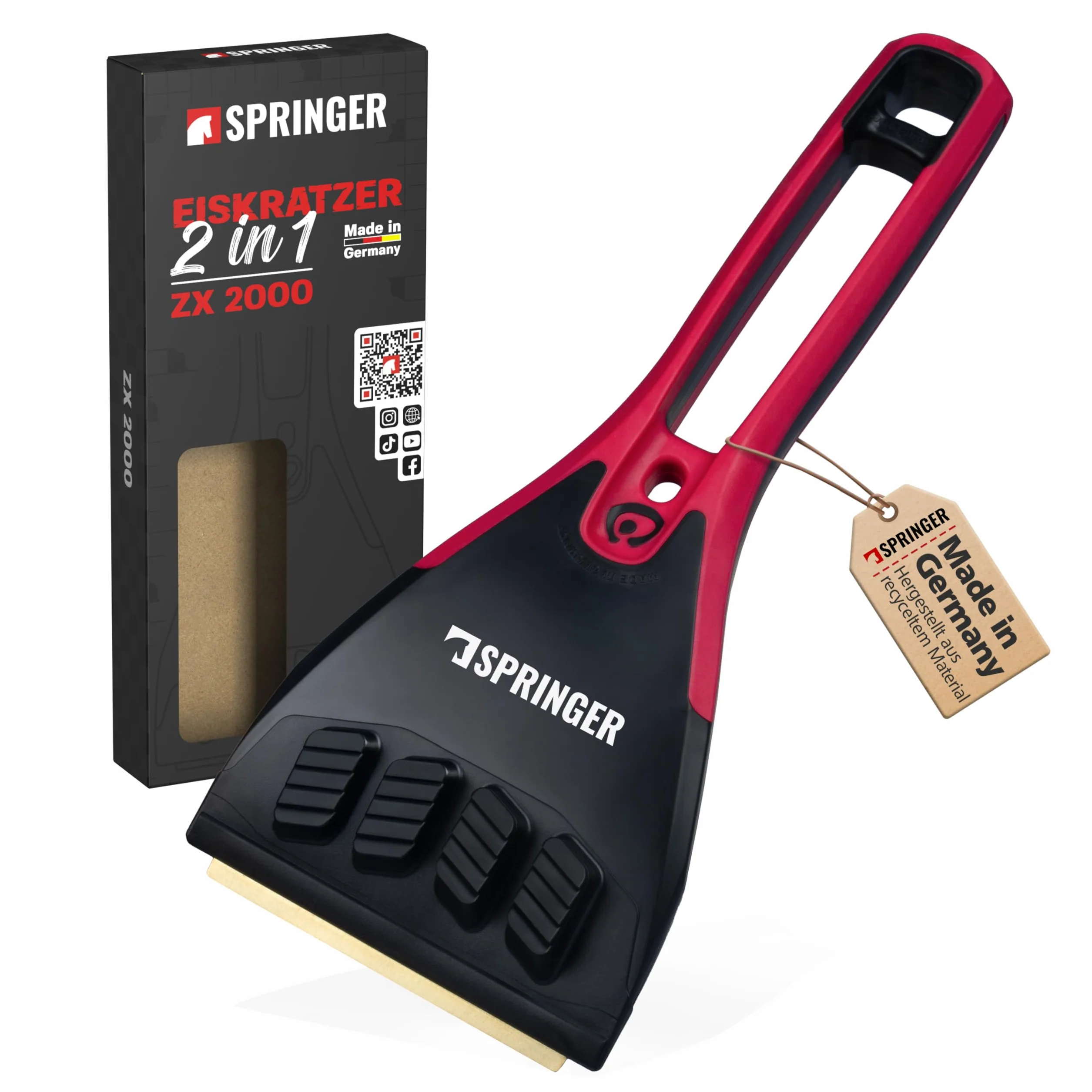SPRINGER ZX2000 - - Zdrapka do lodu - - Wykonane w Niemczech - - Zdrapka do szyb z mosiężnym ostrzem - - Szczotka do śniegu z funkcją ściągania lodu - - Antypoślizgowa i ergonomiczna zdrapka do szyb