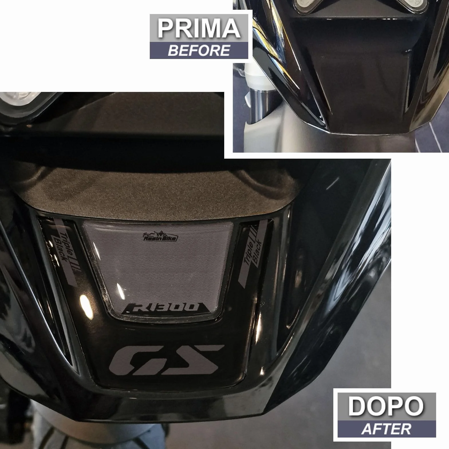 Resin Bike naklejki moto kompatybilne z BMW R 1300 GS Triple Black 2023-2025. Ochrona przedniego wzmocnienia przed uderzeniami i zarysowaniami. Naklejki żywiczne z efektem 3D, wykonane we Włoszech