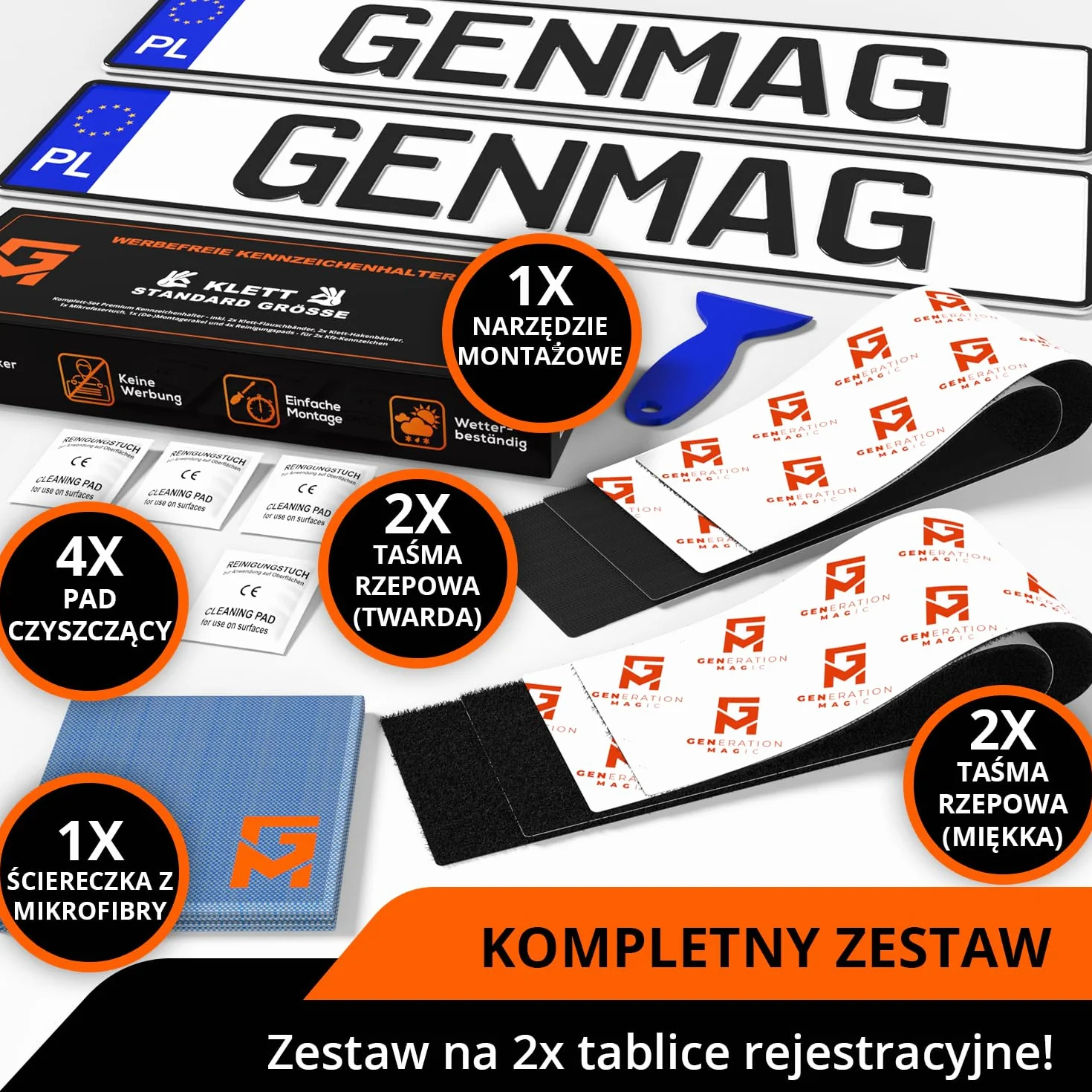 GENMAG® Ramki pod Tablice Rejestracyjne na Rzep | Ramka pod Tablice Rejestracyjna na Rzepy | Ramka Ramki na Rejestracje | Bezramkowy Uchwyt Tablicy Rejestracyjnej | Uchwyt do Tablic Rejestracyjnych