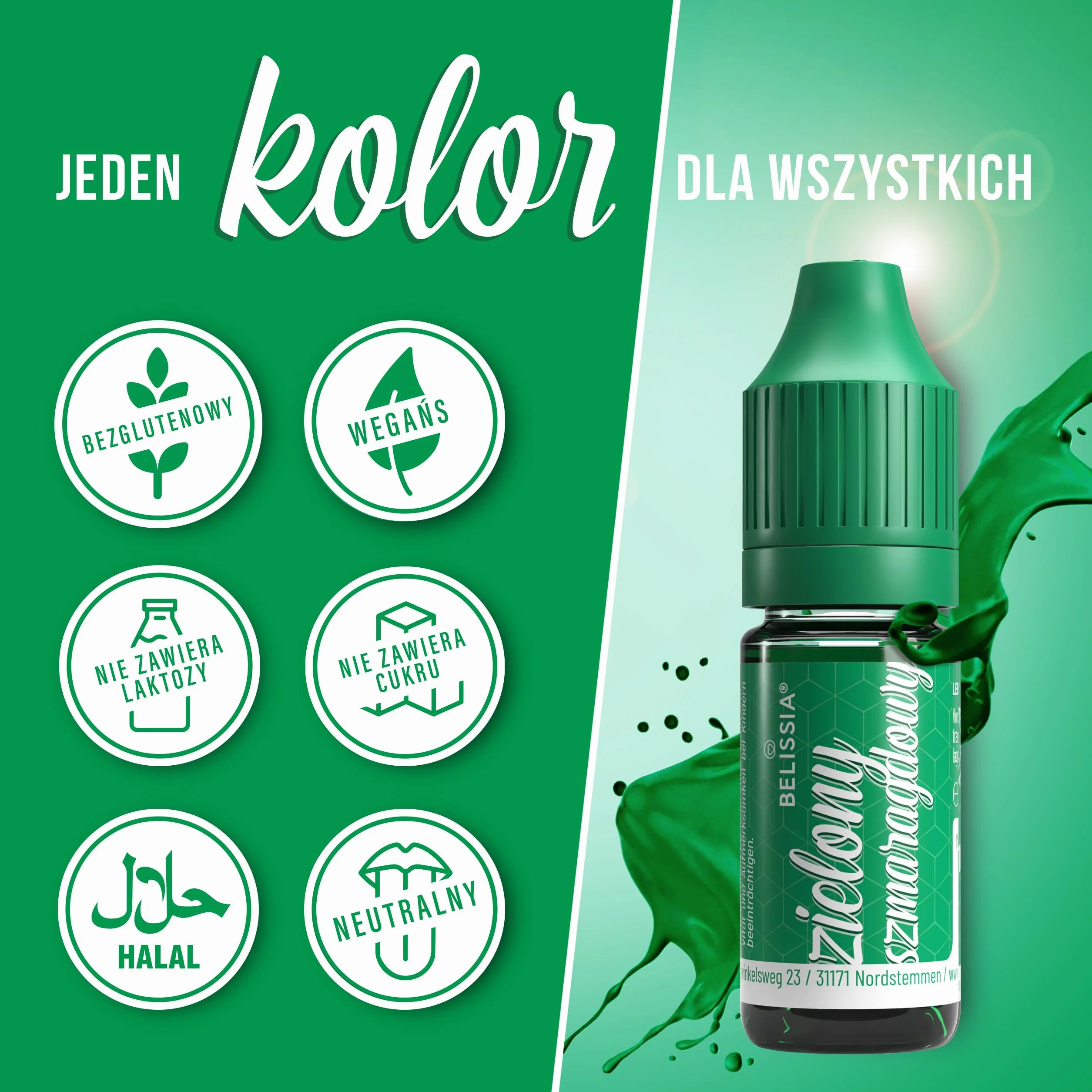 Belissia barwnik spożywczy szmaragdowa zieleń 10ml wysoce skoncentrowany barwnik, wyprodukowany w DE, bez cukru, płynny, do barwienia napojów, ciast, ciast, polew, slime i wielu innych.