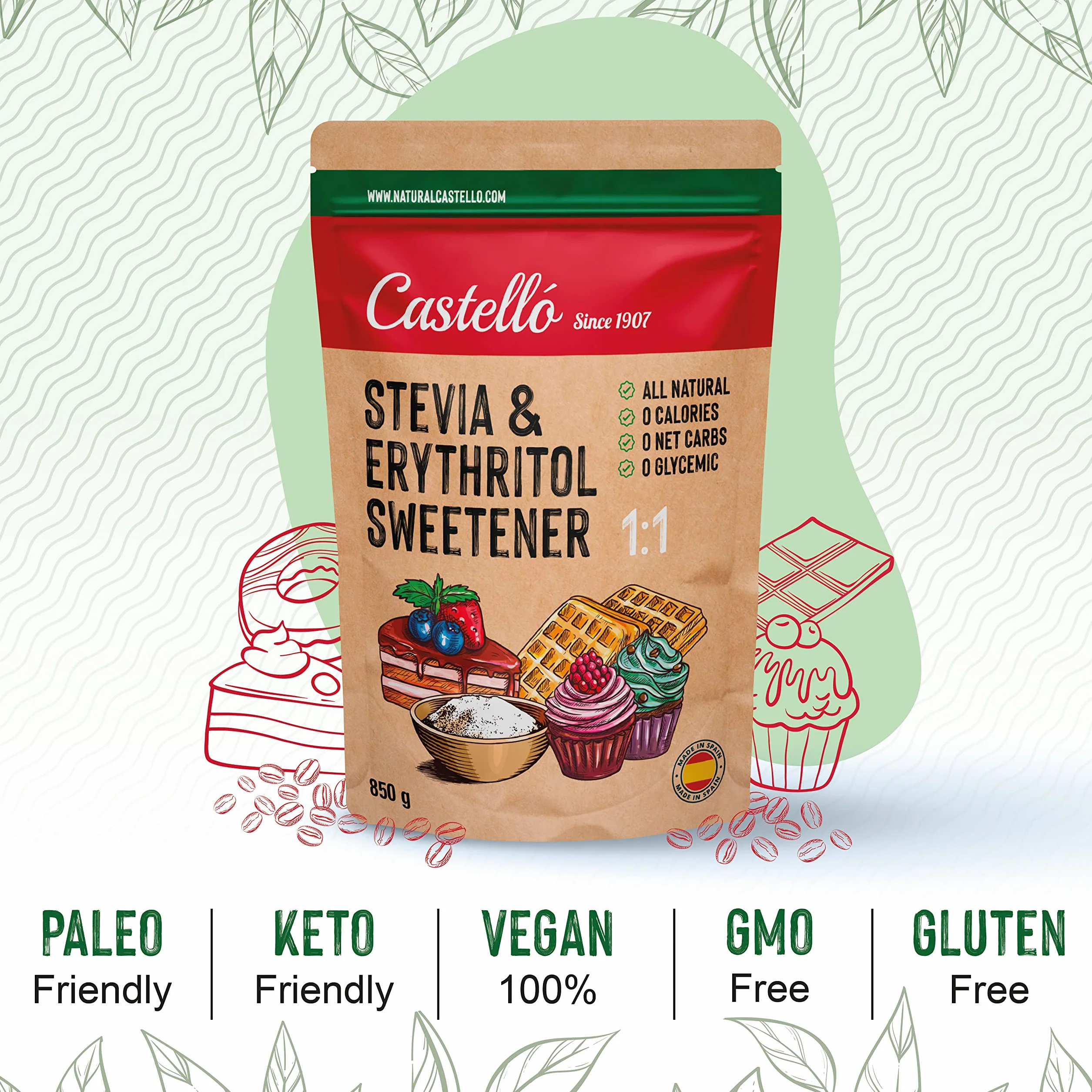 Castello Słodzik Stevia Erytrytol 1:1 850g Naturalny 0 Kalorii 0 Indeks Glikemiczny Keto Paleo Bez GMO