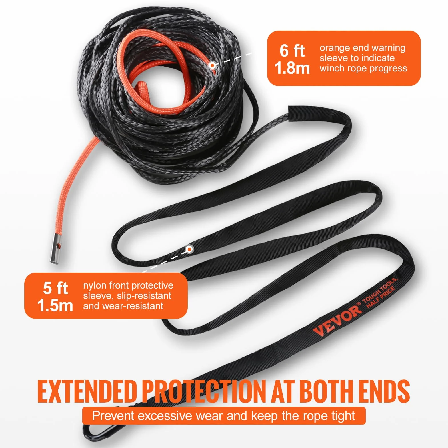 VEVOR Lina wyciągarki 4,8 mm x 15,2 m Kabel syntetyczny o wytrzymałości na rozerwanie 37,1 kN z tuleją ochronną, ogranicznik, hak wyciągarki, pasek trakcyjny do ATV, UTV, holowanie pojazdów
