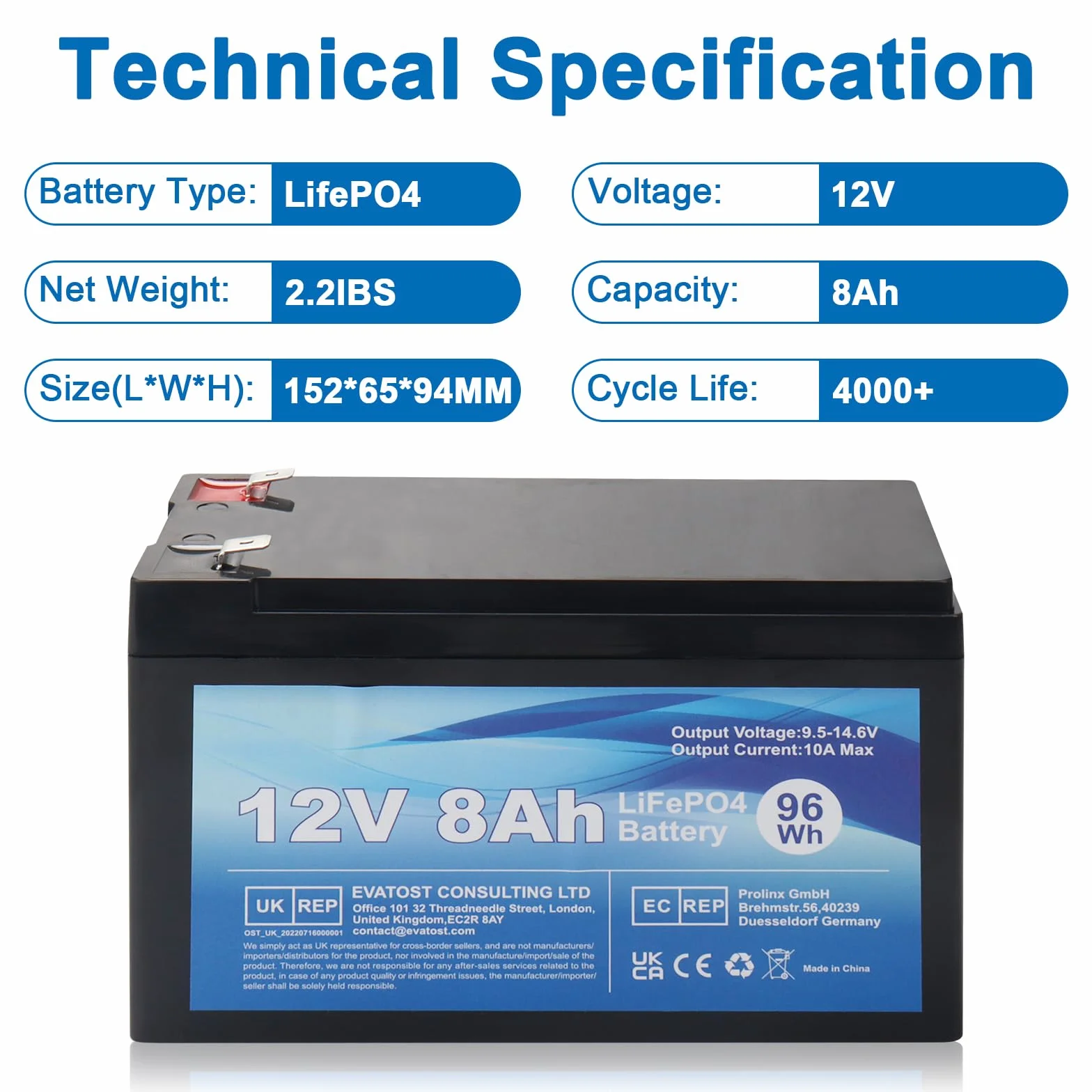 LiFePO4 12 V 8 Ah akumulator litowo-żelazowo-fosforanowy z BMS do samochodu dla dzieci, 4000 głębokich cykli do energii słonecznej, system alarmowy, aplikacje off-grid, kemping