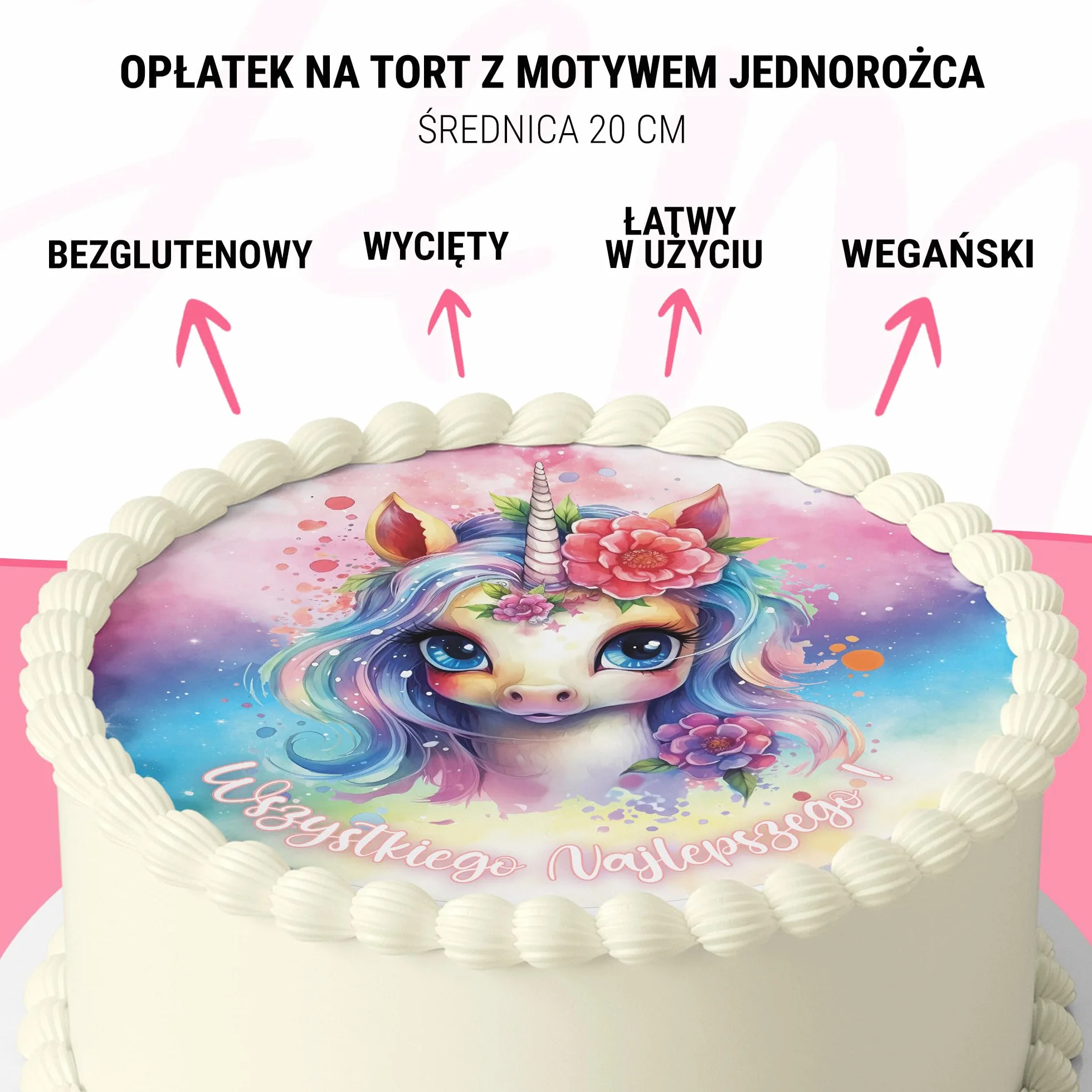 J&M DECO Opłatek na tort Jednorożec Ø20 cm – jadalna dekoracja urodzinowa dla dzieci – topper tortowy z motywem jednorożca – bezglutenowy i wegański