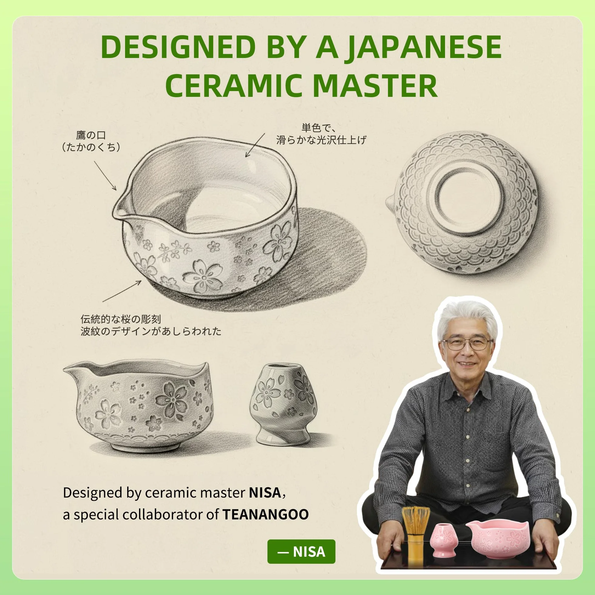 TEANAGOO Zestaw 7 różowych trzepaczek do matcha z motywem kwiatu wiśni, kompletny zestaw ceremonii, ceramiczna miska do chawan z wylewką, trzepaczką i akcesoriami, tradycyjny zestaw do herbaty matcha
