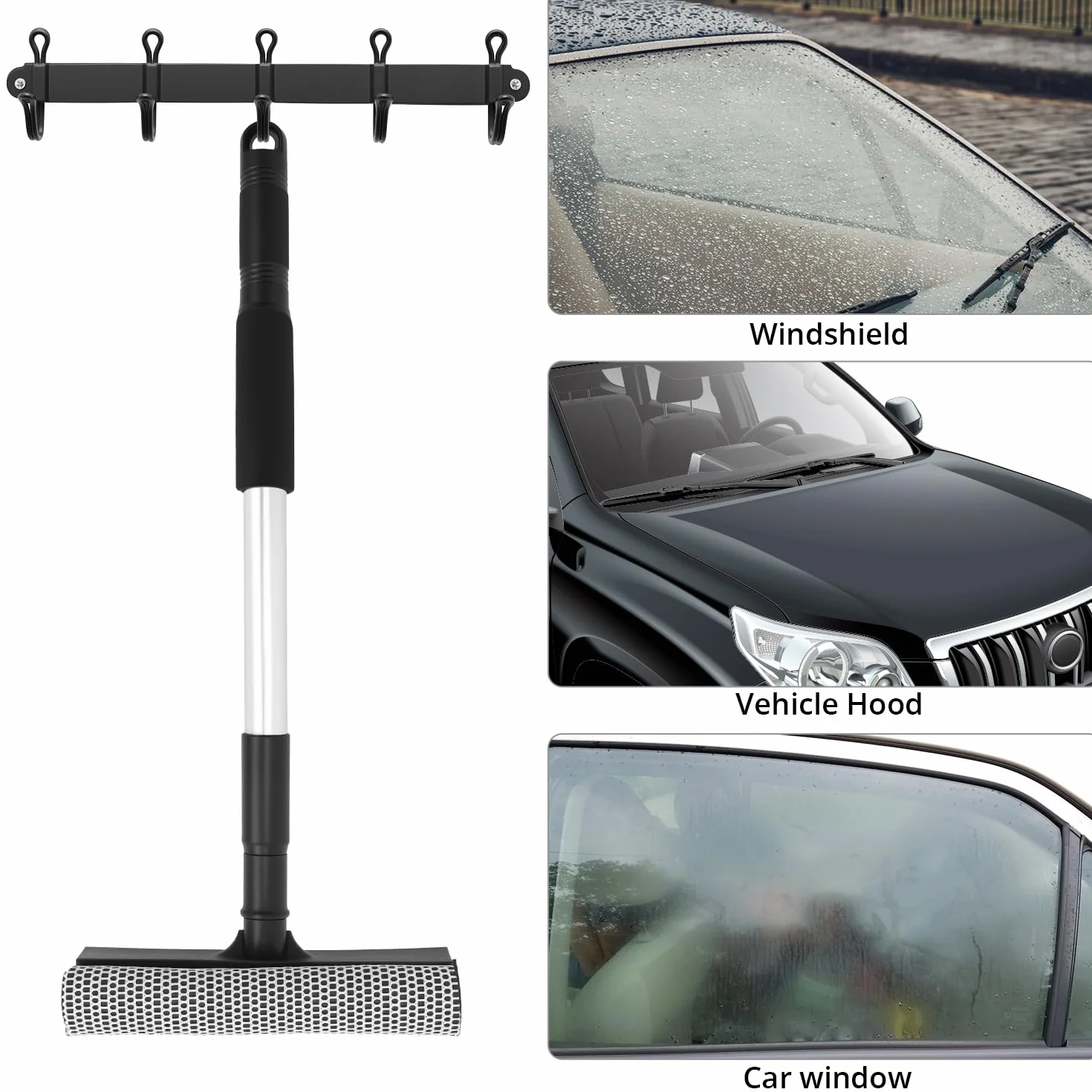 QWORK® Środek do czyszczenia szyb samochodowych, drążek teleskopowy 76 cm z gumową końcówką i gąbką