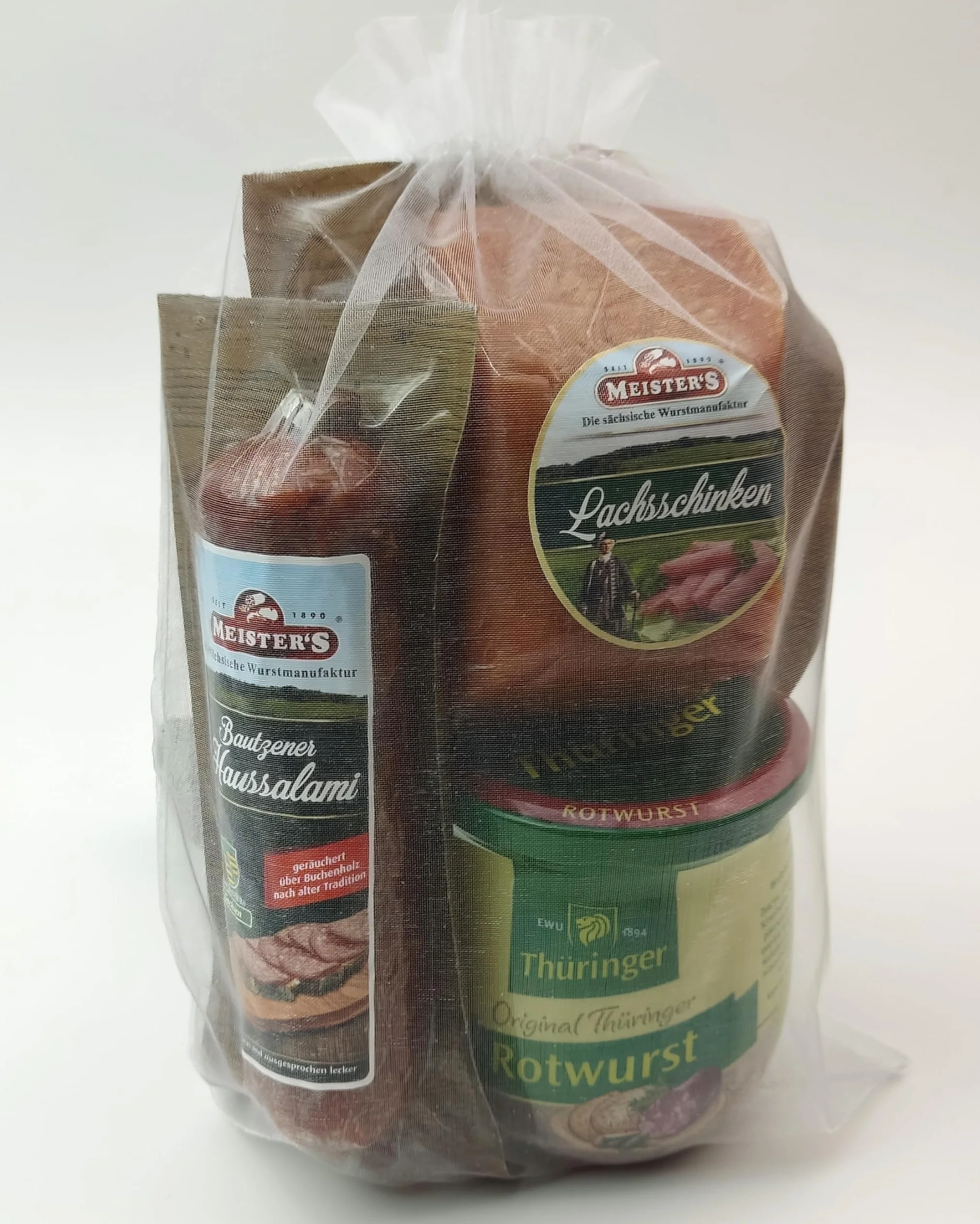 Pakiet kiełbasy Górnych Łużyc | koszyk prezentowy szlachetna salami i wędzona szynka w jednym kawałku | koszyk na mięso i wędliny z kiełbasą w słoiku z czerwoną kiełbasą | dostępny jako kosz na