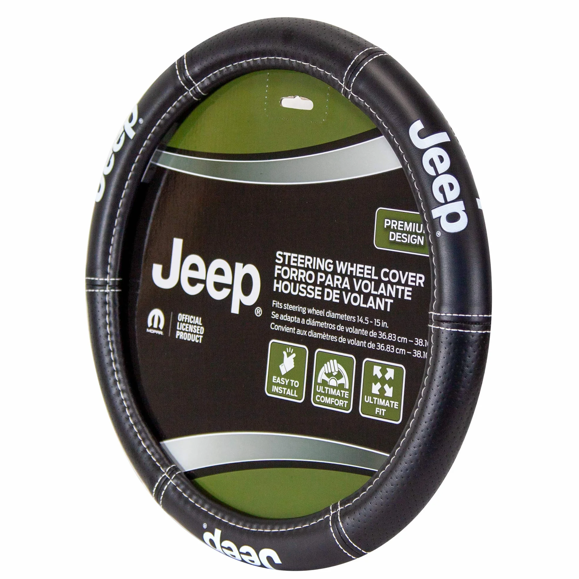 Plasticolor 006695R01 Jeep Deluxe wysoki kontrast szwy pokrowiec na kierownicę premium do samochodów, ciężarówek i SUV-ów, czarny