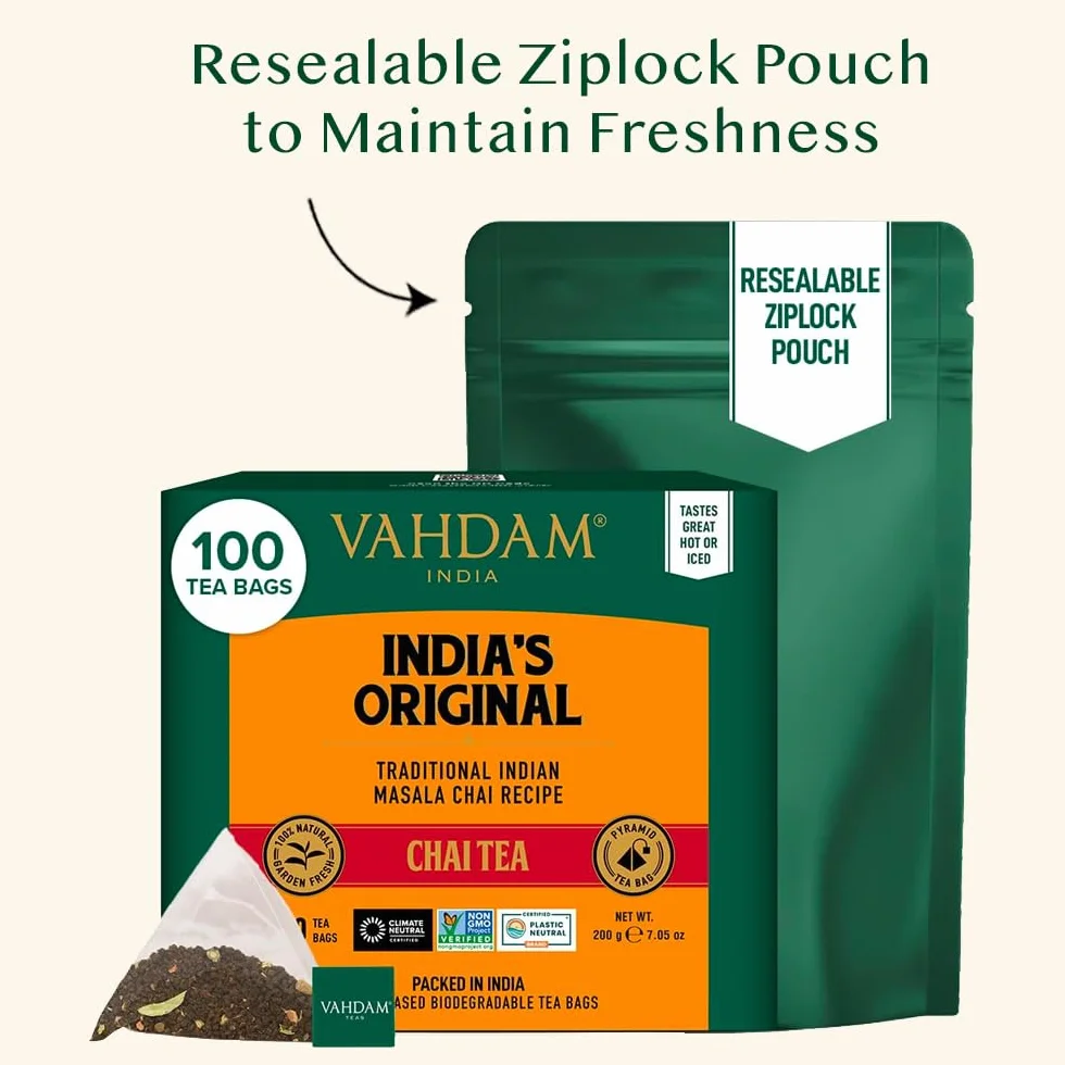 VAHDAM, Indyjska oryginalna torebka herbaty Masala Chai (100 torebek herbaty piramidowej), 100% naturalne przyprawy – czarna herbata, kardamon, cynamon, czarny pieprz i goździki, mieszane i pakowane w
