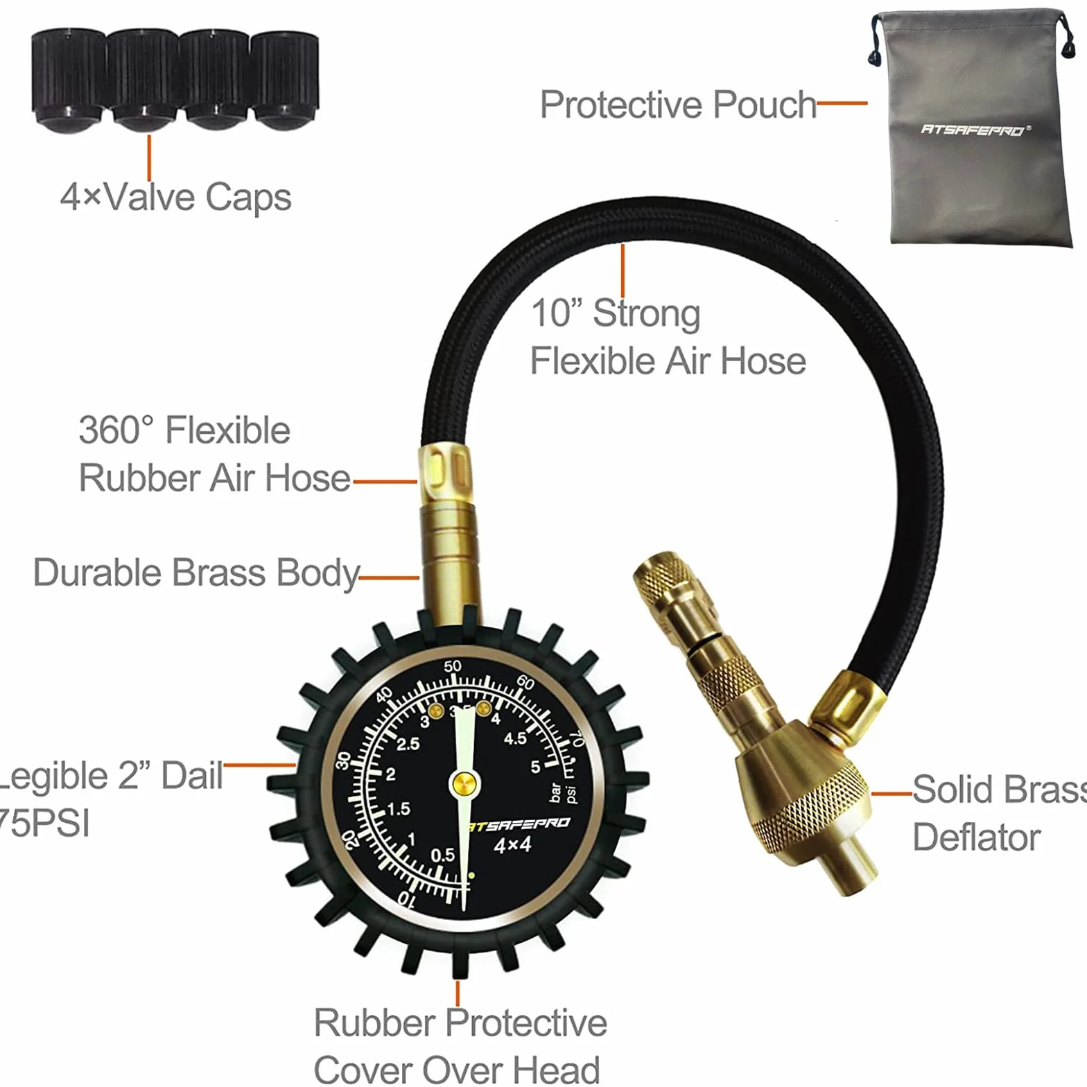Manometry do opon samochodowych, zestaw do naprawy opon ATsafepro 2 w 1 75Psi ze specjalnym uchwytem do dużych opon terenowych 4X4