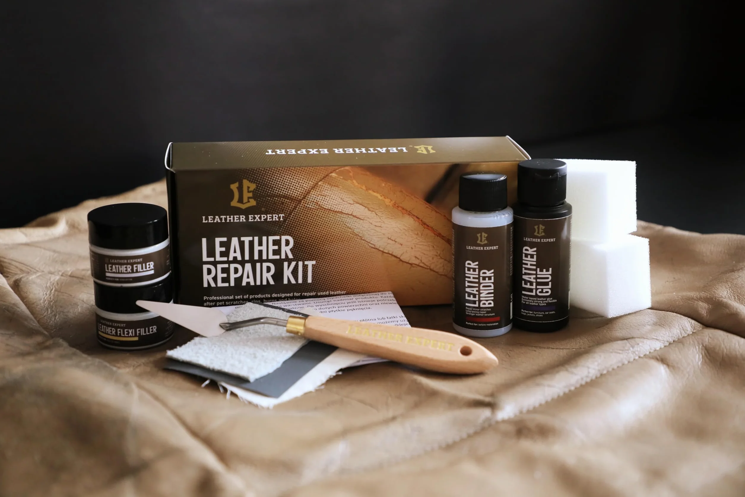 Leather Expert Leather Care Set "Repair Kit" - 2x25ml + 2x50ml - Leather Cleaner Car Set - Leatherette Care - Car Leather Cleaning - Car Care Set