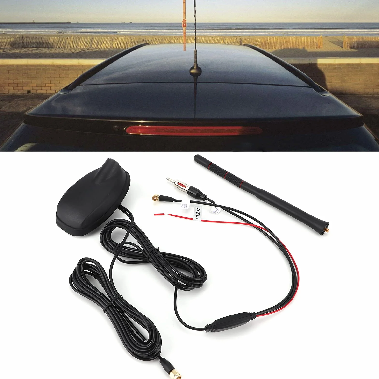 Antena Samochodowa DAB+GPS+FM Antena Samochodowa Radio Cyfrowe Kombinowana Antena Dachowa FM/AM ze Wzmacniaczem Wzmacniacz Sygnału Adapter SMB DIN z Przedłużaczem 5m do Radia