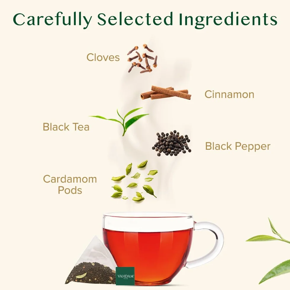 VAHDAM, Indyjska oryginalna torebka herbaty Masala Chai (100 torebek herbaty piramidowej), 100% naturalne przyprawy – czarna herbata, kardamon, cynamon, czarny pieprz i goździki, mieszane i pakowane w
