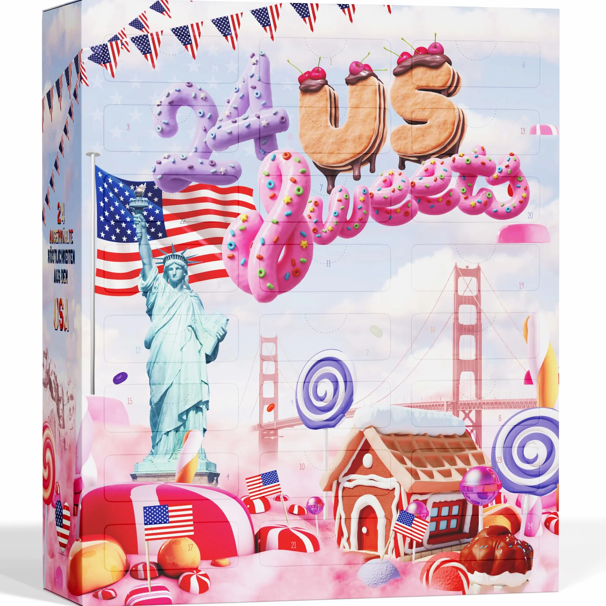 UMBRELLA® Kalendarz Adwentowy USA 2025 z Amerykańskimi Słodyczami [ORIGINAL US CANDY] – Kalendarz Adwentowy 2025 dla Dzieci, Kobiet i Mężczyzn – Kalendarz z Amerykańskimi Słodyczami (24 USA Sweets)