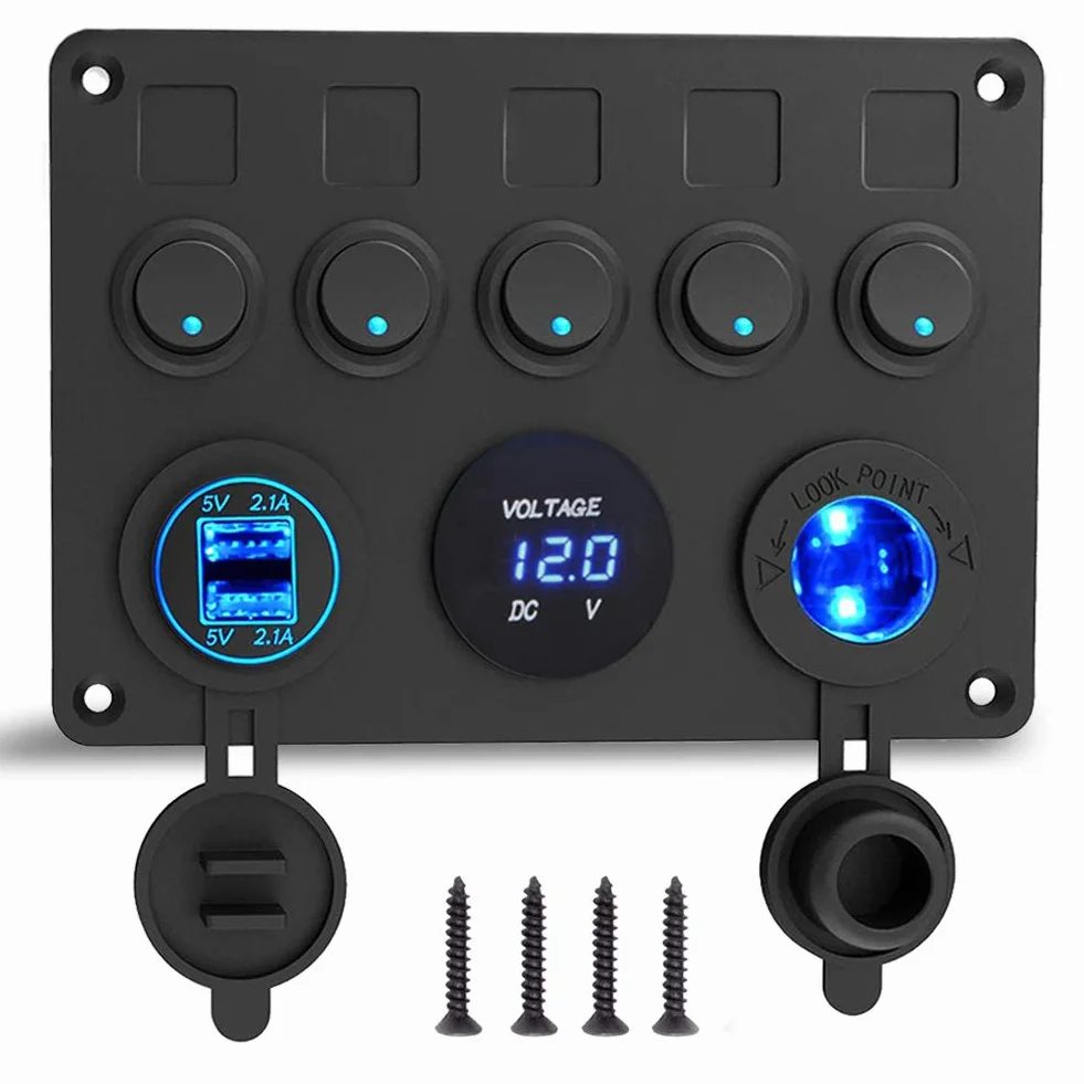 Panel przełącznikowy 12 V/24 V, z przyłączem USB 4,2 A + zapalniczka + wyświetlacz woltomierza, wodoszczelność IP65, przełącznik dźwigienkowy wł./wył. do samochodu, łodzi, samochodów ciężarowych, obwodów sterowania