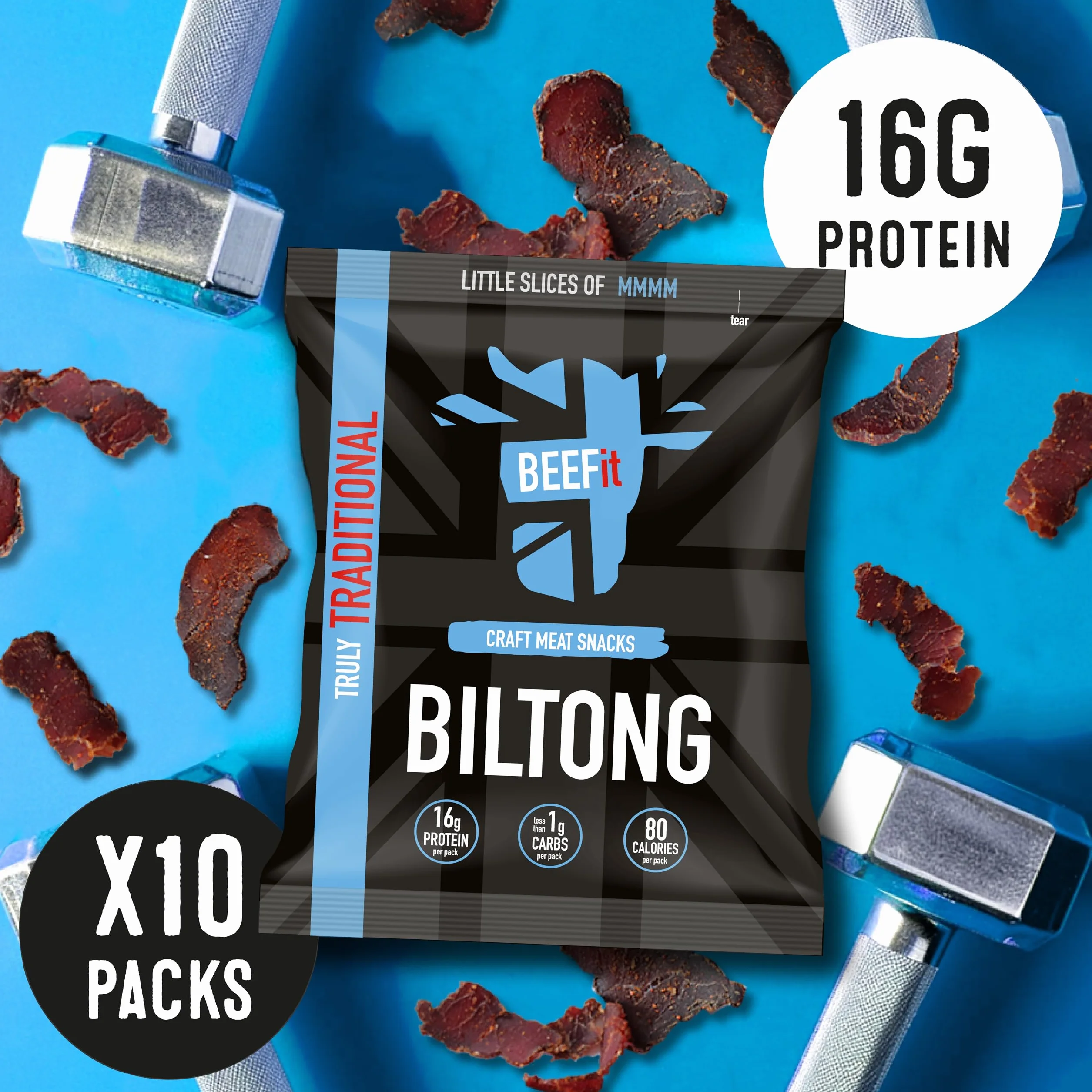 BEEFit Biltong Beef Jerky, przekąska proteinowa, niskowęglowodanowe, niskokaloryczne przekąski, 100% wołowina, biltong bezglutenowy, zdrowa przekąska keto w podróży – tradycyjna suszona mięso, duże