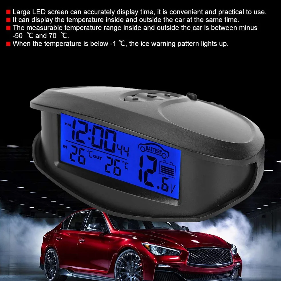 Thermometer, EC98 cyfrowy LED samochodowy termometr samochodowy woltomierz miernik napięcia tester z funkcją czasu