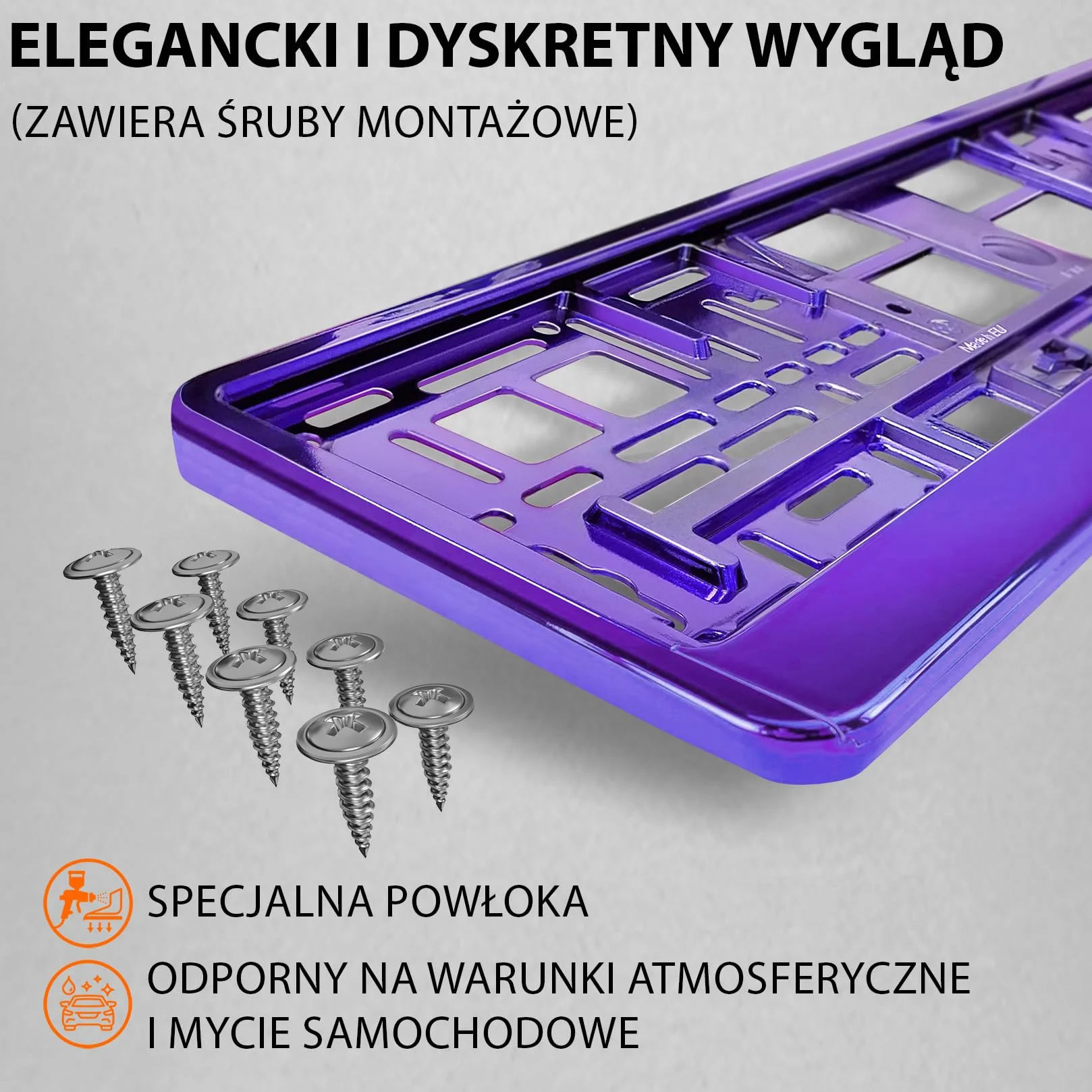 2x Uchwyt tablicy rejestracyjnej - trwały i bezpieczny - 8 śrub - fioletowy chrom - 520x110 mm - Ramka do tablic rejestracyjnych - pasuje do każdego samochodu - dla polskich tablic PL - uniwersalny