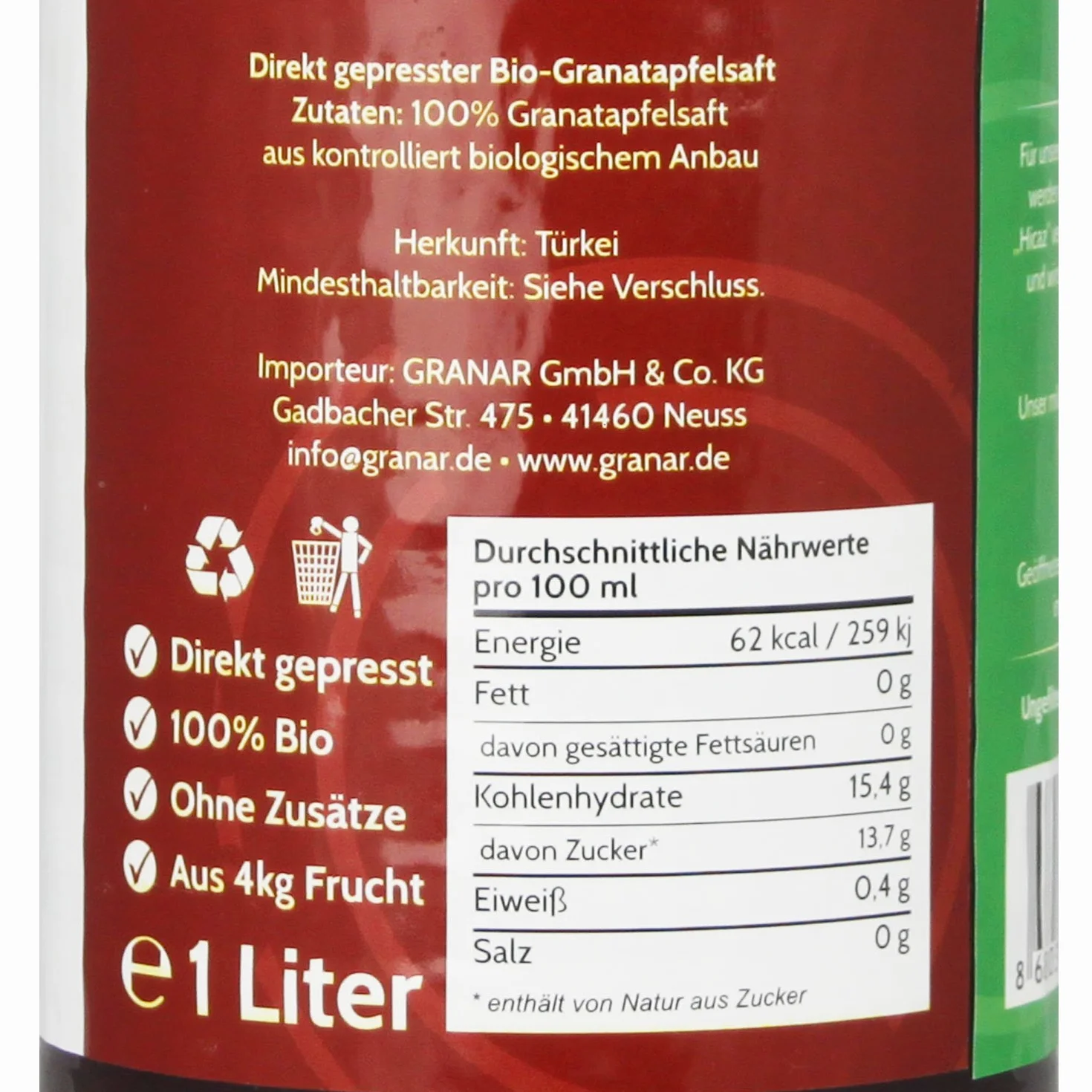 BenOrganic 12 x 1 l bio sok z granatów, 100% sok z kontrolowanej uprawy biologicznej, sok bezpośredni, naturalny mętny