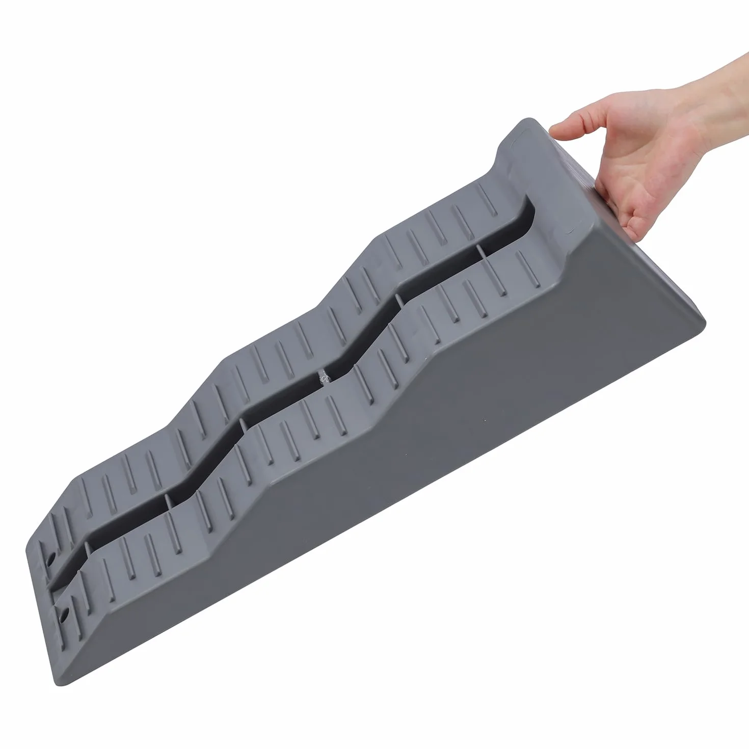 KATSU Tools 2 szt. rampy poziomujące do przyczep kempingowych, pojemność 5 ton, wytrzymałe, 3-stopniowe, plastikowe, kampery, kampery, rampy krawężnikowe, bloki kół, niwelatory, szare, 570 x 200 x 130