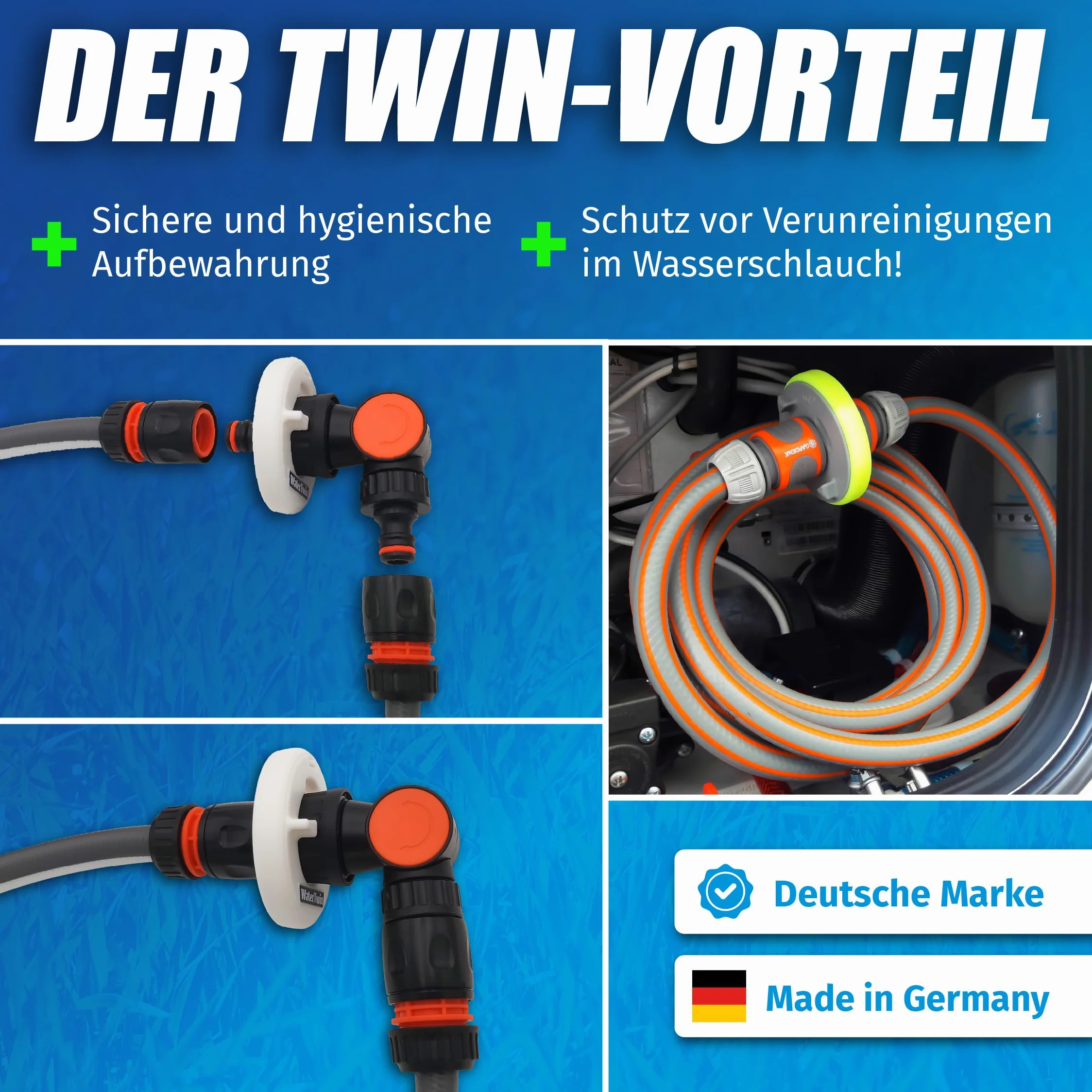 MaJoCompTec® WATERTWIN Adapter do pokrywy zbiornika na wodę z przyłączem wodnym | Adapter do pokrywy zbiornika na wodę do króćca napełniania | Akcesoria do samochodów kempingowych (wersja FLEX +