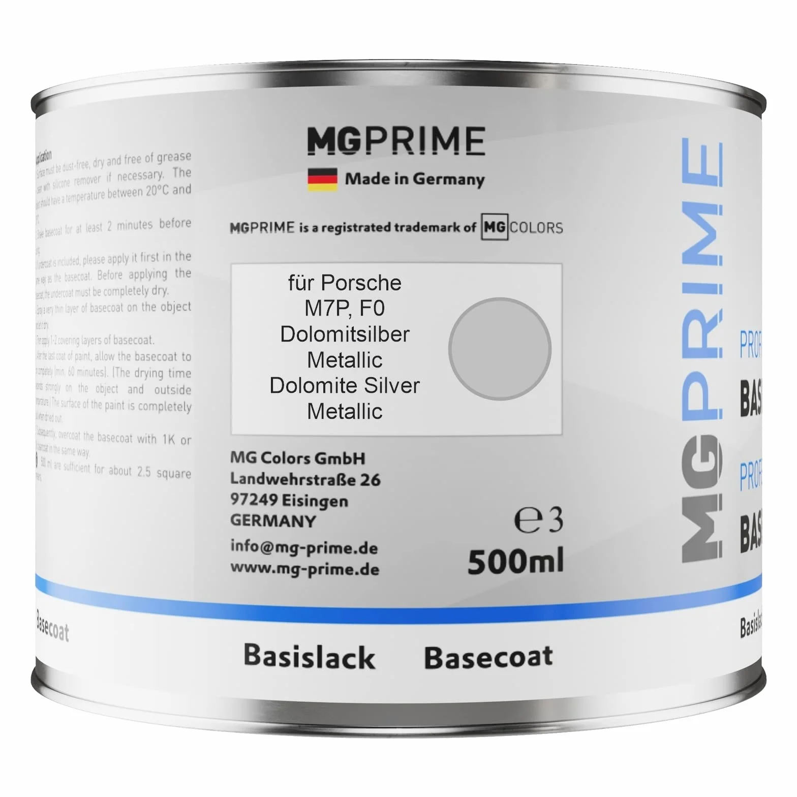 MG PRIME Lakier samochodowy Puszka gotowa do natrysku dla Porsche M7P / F0 Dolomitsilber Metallic/Dolomite Silver Metallic Lakier bazowy 0,5 litra 500ml