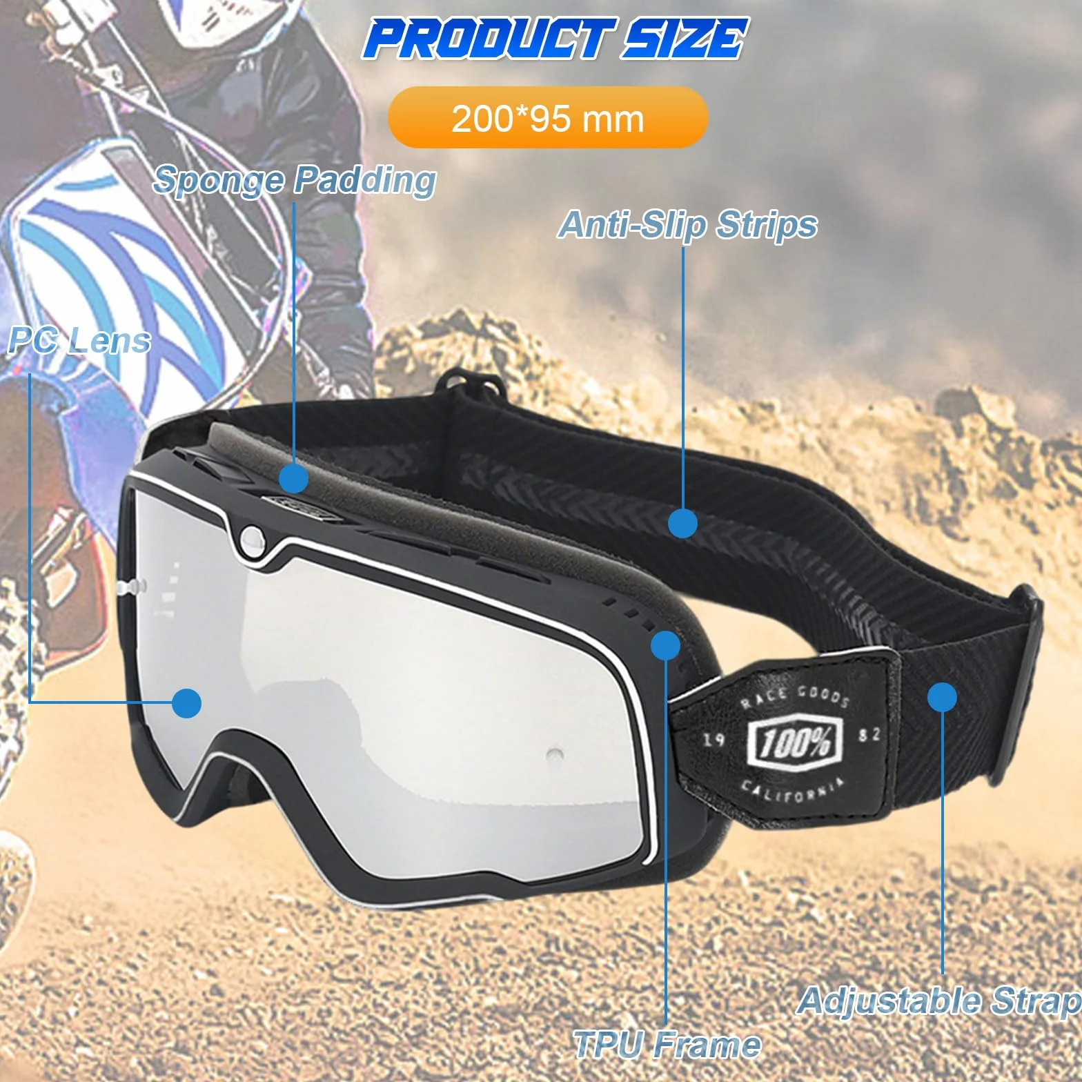 Gogle motocyklowe, gogle motocrossowe, gogle motocyklowe vintage z podwójną gąbką i antypoślizgowym elastycznym paskiem, gogle motocrossowe z wiatroszczelną, pyłoszczelną i ochroną przed