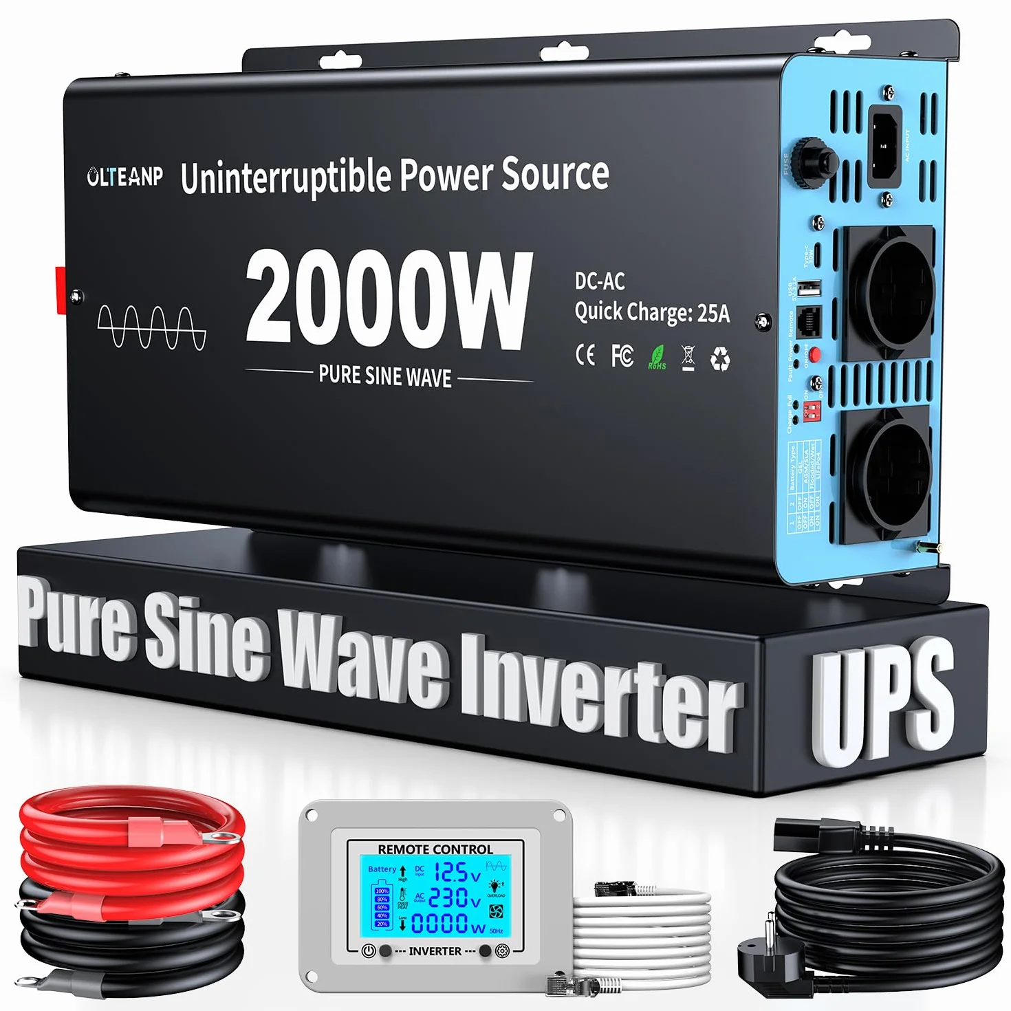 OLTEANP Falownik 2000 W, 12 V na 230 V, czysta sinusoida, przetwornica napięcia z przełącznikiem priorytetowym i funkcją ładowania i funkcją UPS, pilot zdalnego sterowania z wyświetlaczem LCD