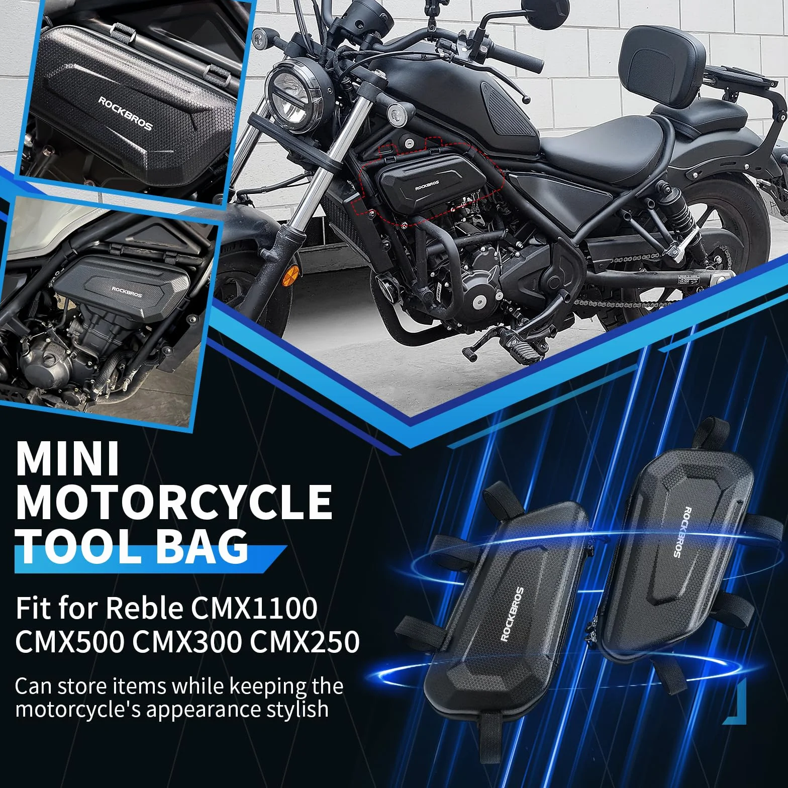 Wodoodporna twarda torba motocyklowa, 1,5 l, o dużej pojemności, montowana na ramie bocznej, torba do przechowywania dla Ho&n&da Rebel CMX250 300 500 1100 (para lewa i prawa) (czarna lewa)