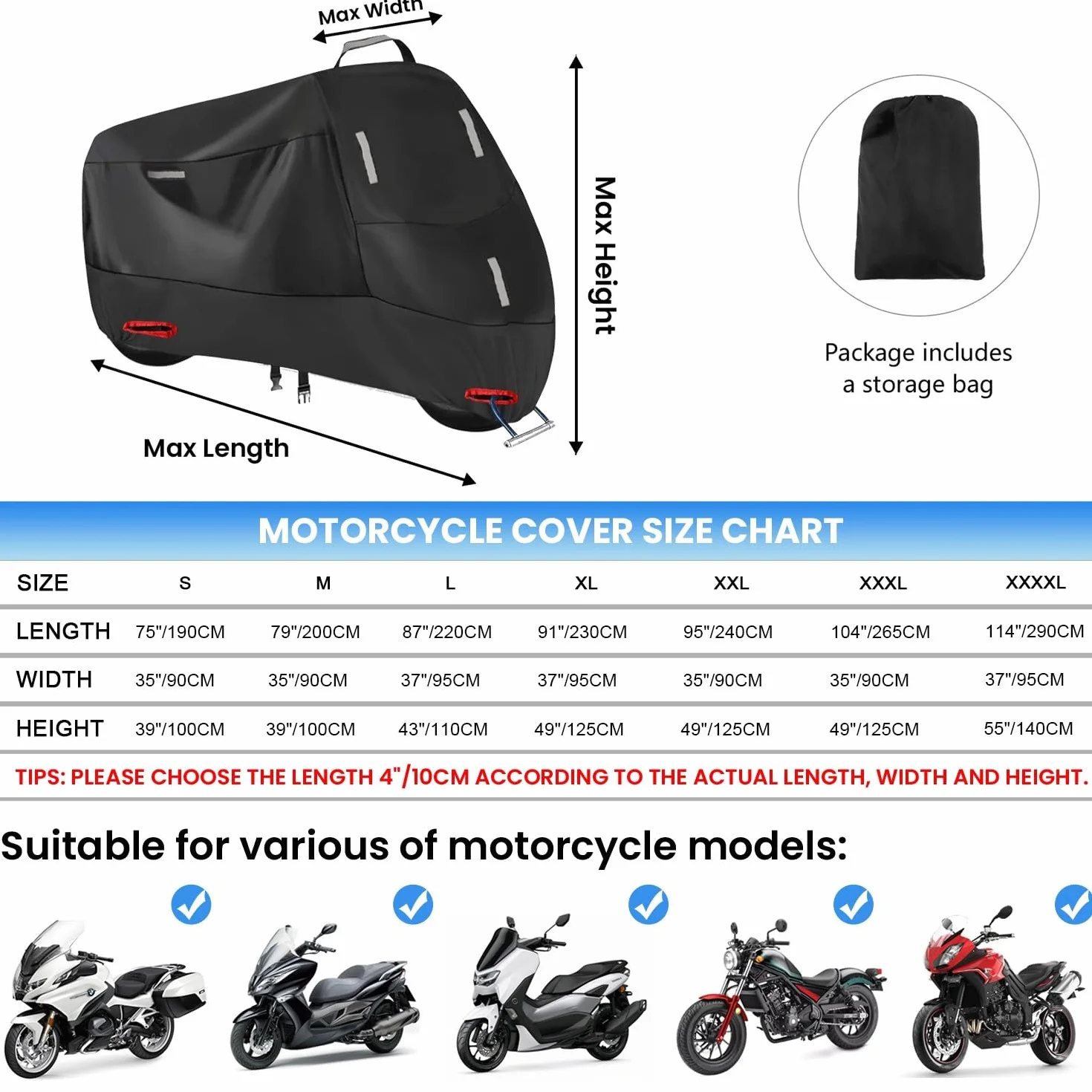 300D Wodoodporny Pokrowiec Motocyklowy na Zewnątrz Ochrona Przed Deszczem i Kurzem UV, z 5 Paskami Odblaskowym i 2 Otworami na Zamek, 2 Stałe Paski z Klamrami i 1 Uchwytem (4XL: 290 x 95 x 140 cm)
