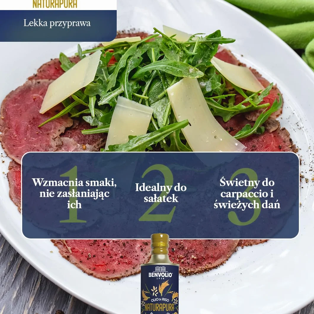 Benvolio 1938 Naturapura Naturalny Olej z Otrębów Ryżowych BEZ GMO 500 ml | Wysoki Punkt Dymienia, Chrupiące Smażenie, Lekkie Podsmażanie, Dania Orientalne | Regeneruje, Odżywia i Stymuluje Włosy