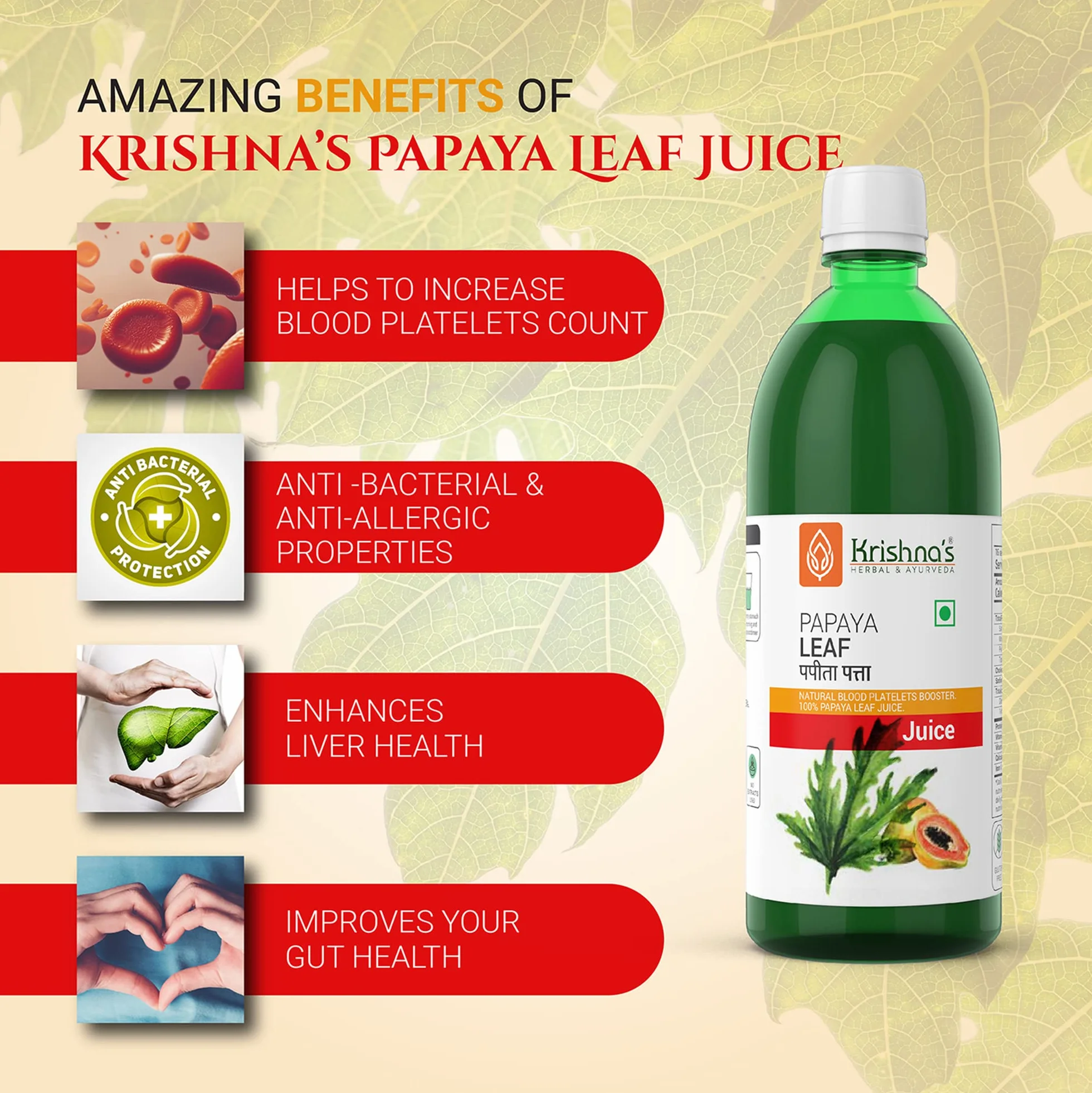 KRISHNA'S HERBAL & AYURVEDA Sok z liści papai 1000 ml Świeże liście papai