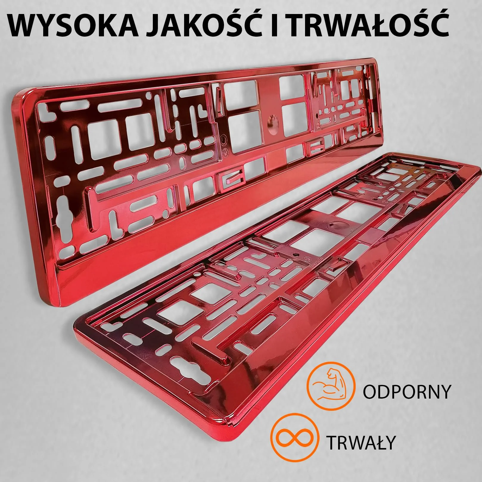 Uchwyt tablicy rejestracyjnej 520x110 mm czerwony chrom 8 śrub Ramka do tablic rejestracyjnych