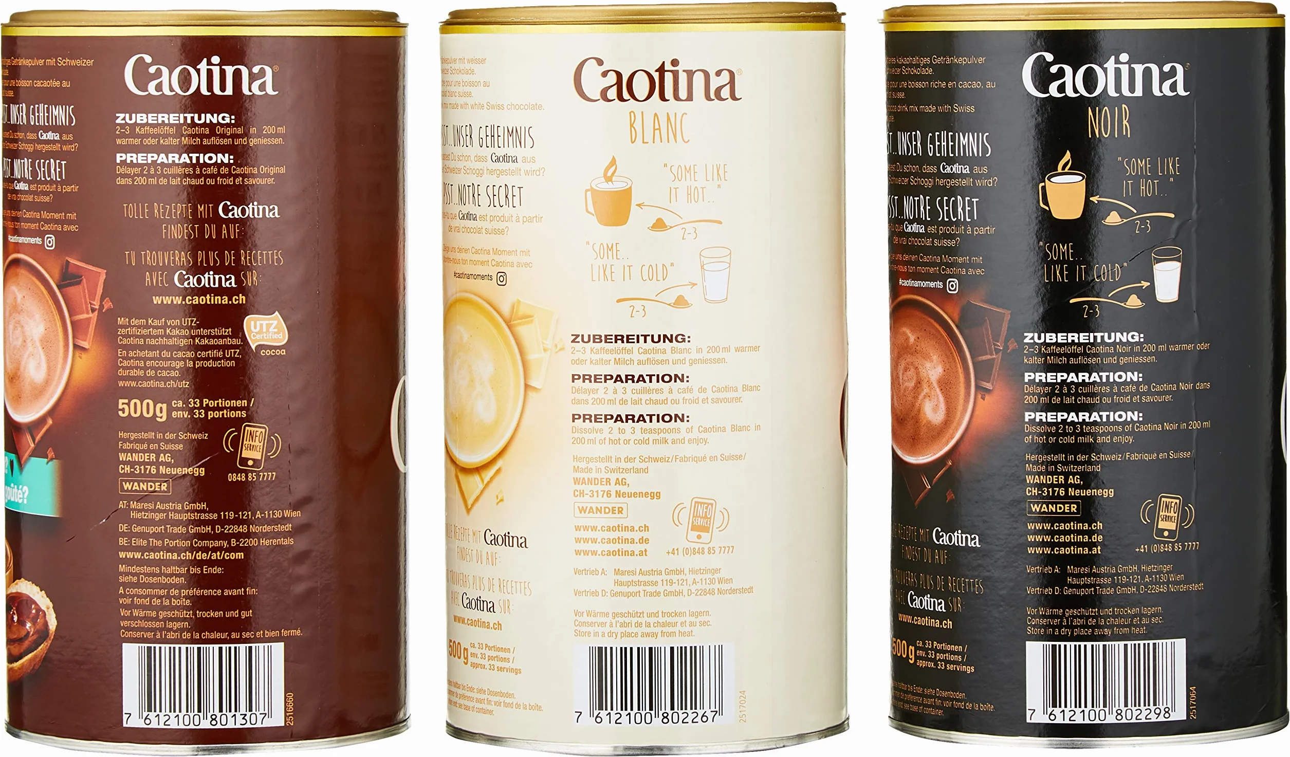 Caotina Zestaw 3-częściowy, oryginalny, noir, blanc, kakao w proszku ze szwajcarską czekoladą, czekolada do picia, gorąca czekolada, 3 x 500g