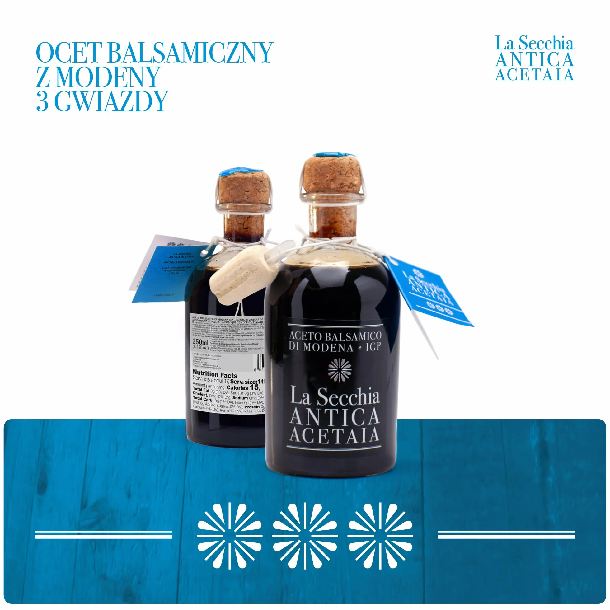 La Secchia - "Tre Stelle" ChOG Ocet Balsamiczny z Modeny, Dojrzewający w 12 Beczkach Wiśniowo-Morwowych, Średniej Gęstości, Butelka 250 ml z Korkiem Dozującym