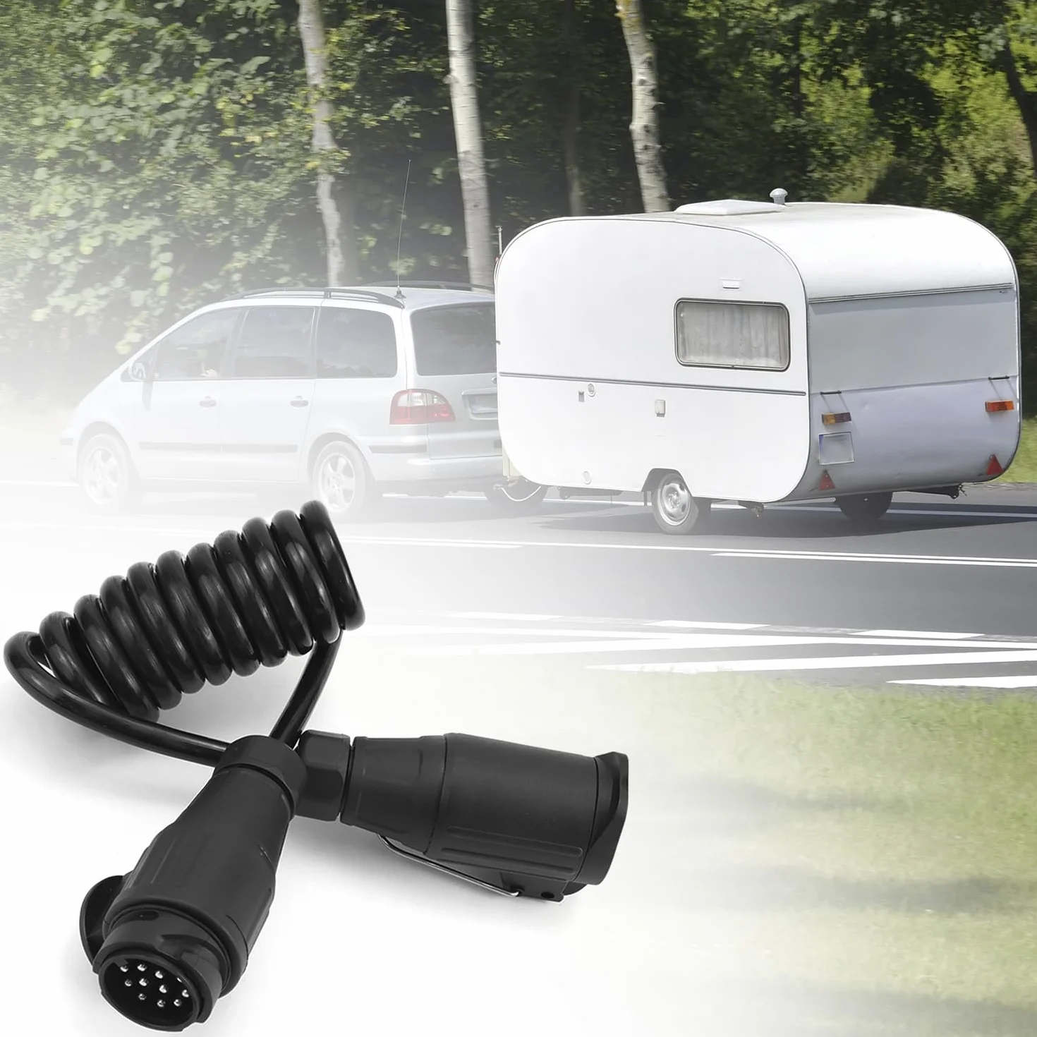 QWORK® 2-metrowy kabel adaptera przyczepy 13 do 13 pinów, 12V spiralny kabel przedłużający do przyczepy z wtyczką i gniazdem do przyczep kempingowych, kamperów, RV-ów, traktorów, przyczep do łodzi