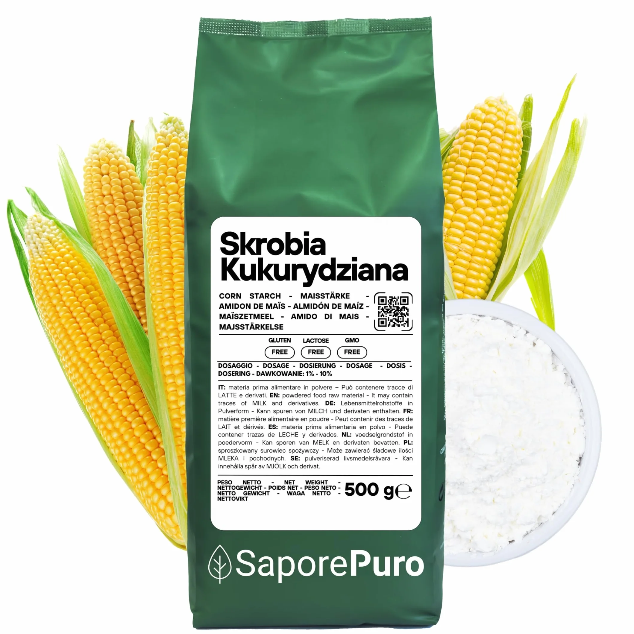 SaporePuro Naturalna Skrobia Kukurydziana 500 g – Naturalny Zagęstnik do Deserów, Kremów i Sosów – Bezglutenowy i Wegański