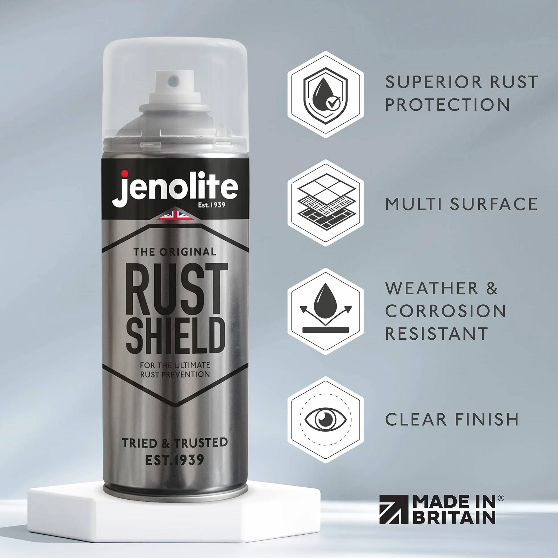JENOLITE Rust Shield przezroczysty lakier w sprayu, 400 ml, spray zapobiegający rdzewieniu, chroni przed rdzą i korozją metalu, idealny do samochodów, motocykli, ozdób, gołego metalu i lakieru,