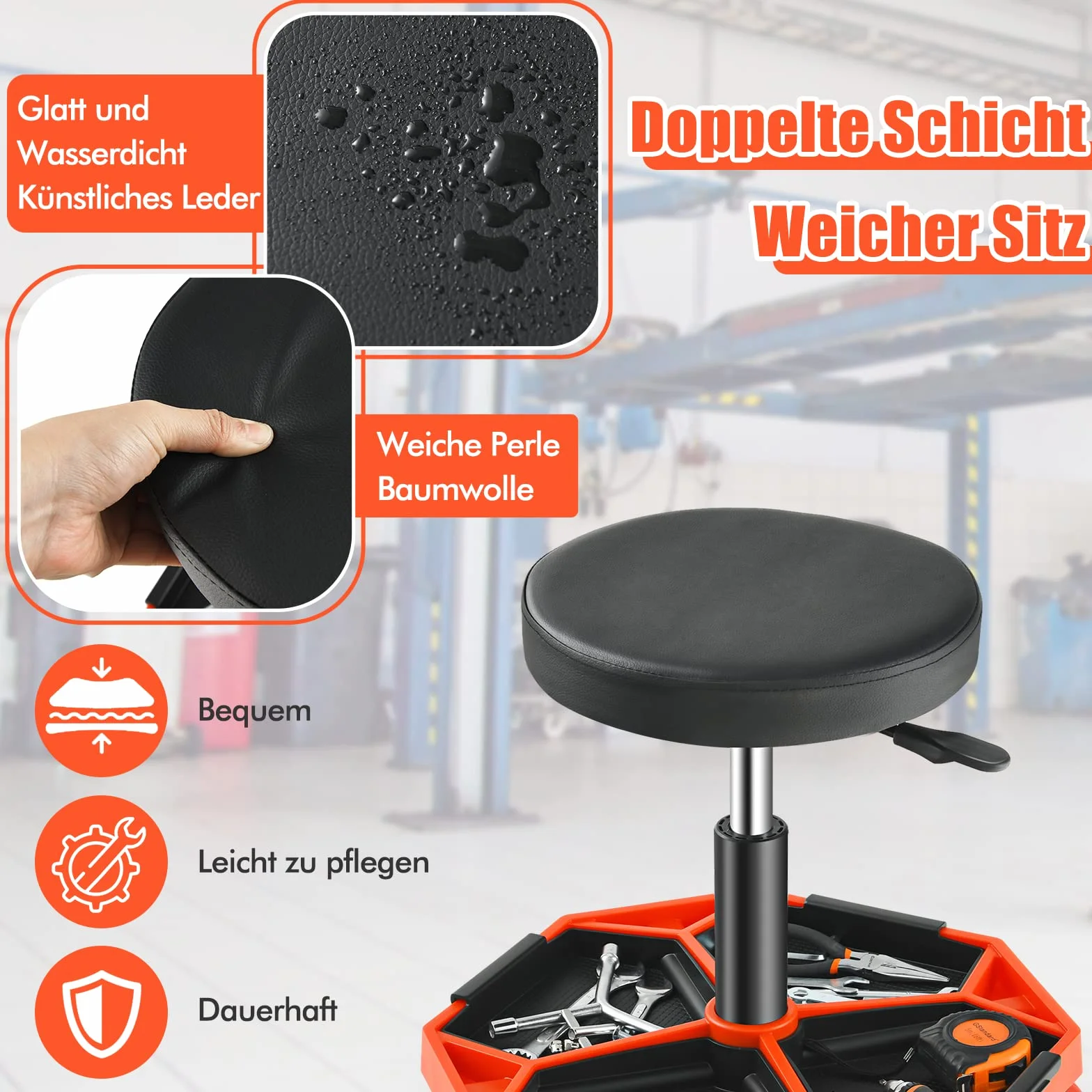 GOPLUS Taboret warsztatowy 41-56 cm z regulacją wysokości, taboret na kółkach z półką na narzędzia i 4 uniwersalnymi kółkami, funkcjonalny taboret roboczy do garażu, warsztatu naprawczego, maks.